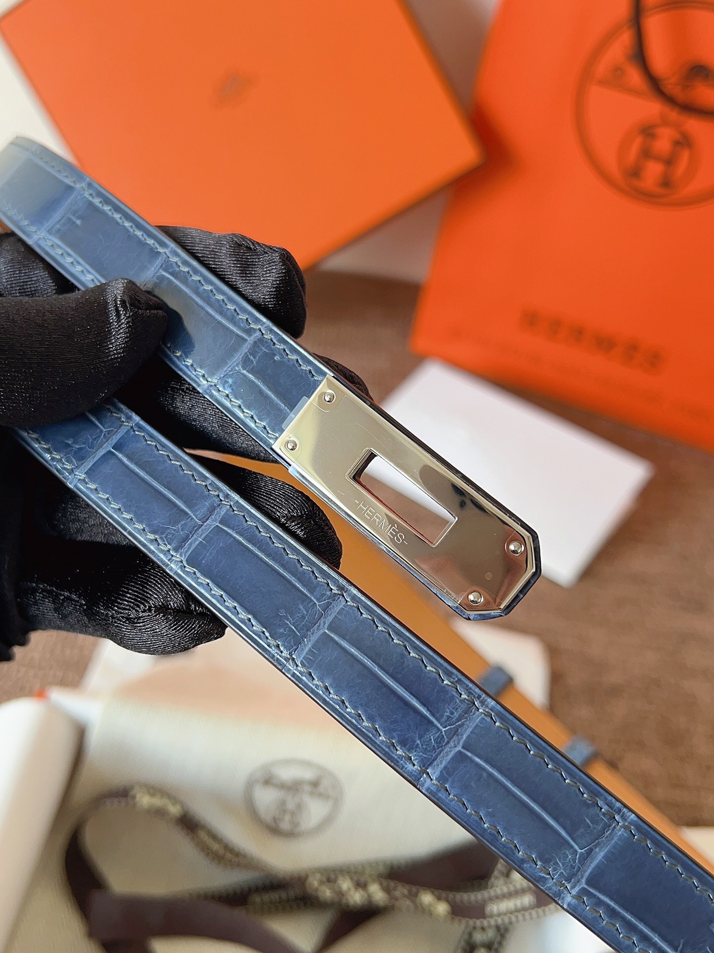 Hermes Kelly Belt Blue Alligator Leather with Palladium Buckle