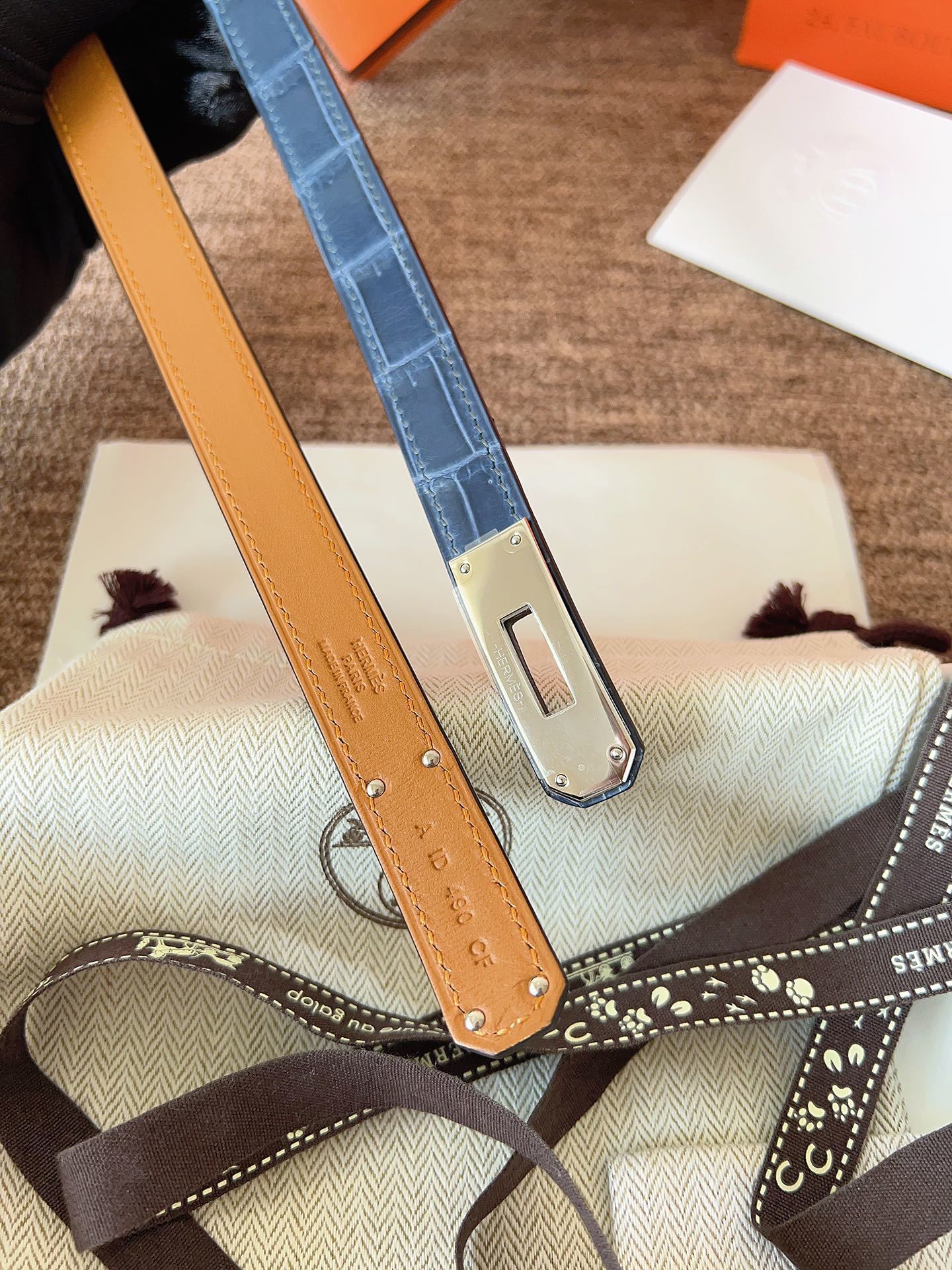 Hermes Kelly Belt Blue Alligator Leather with Palladium Buckle