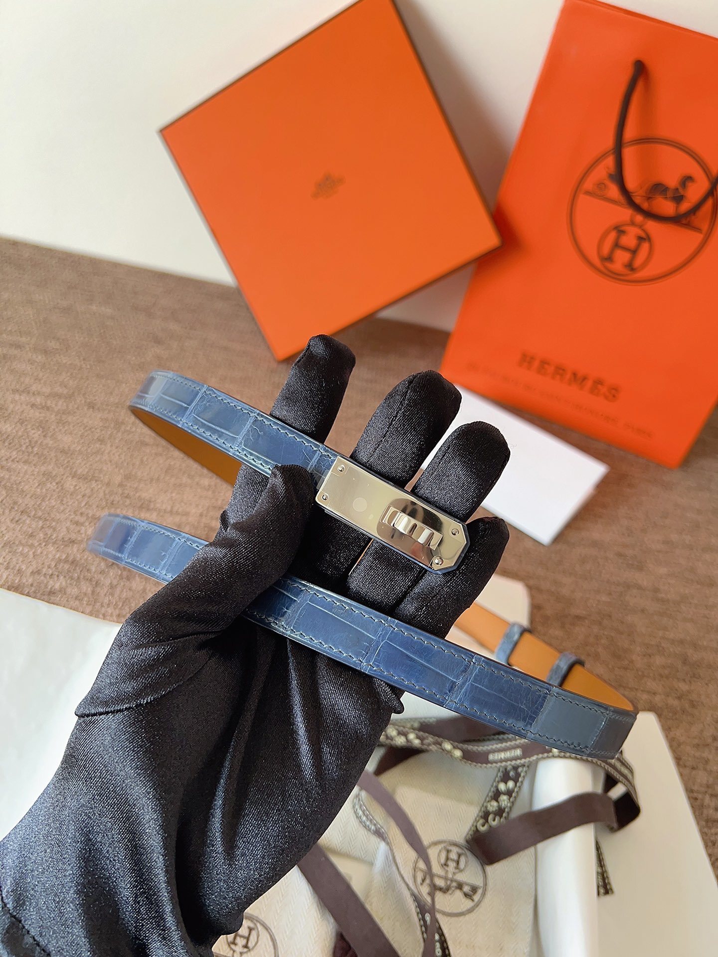 Hermes Kelly Belt Blue Alligator Leather with Palladium Buckle