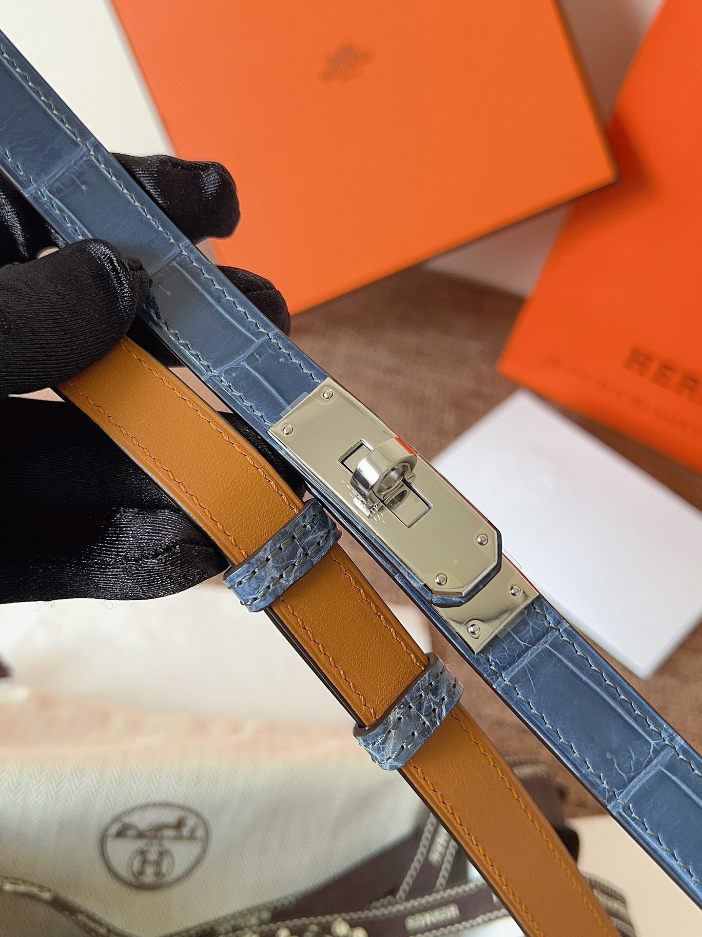 Hermes Kelly Belt Blue Alligator Leather with Palladium Buckle