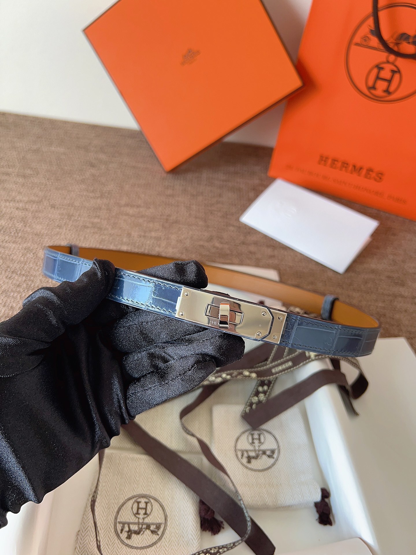 Hermes Kelly Belt Blue Alligator Leather with Palladium Buckle