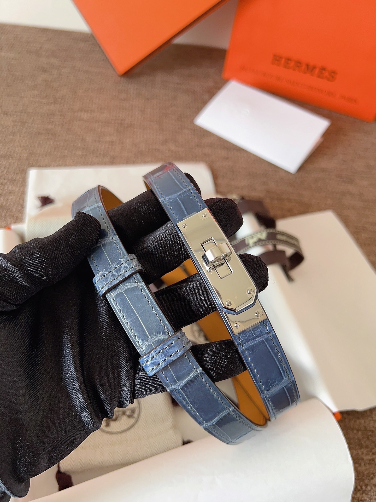 Hermes Kelly Belt Blue Alligator Leather with Palladium Buckle