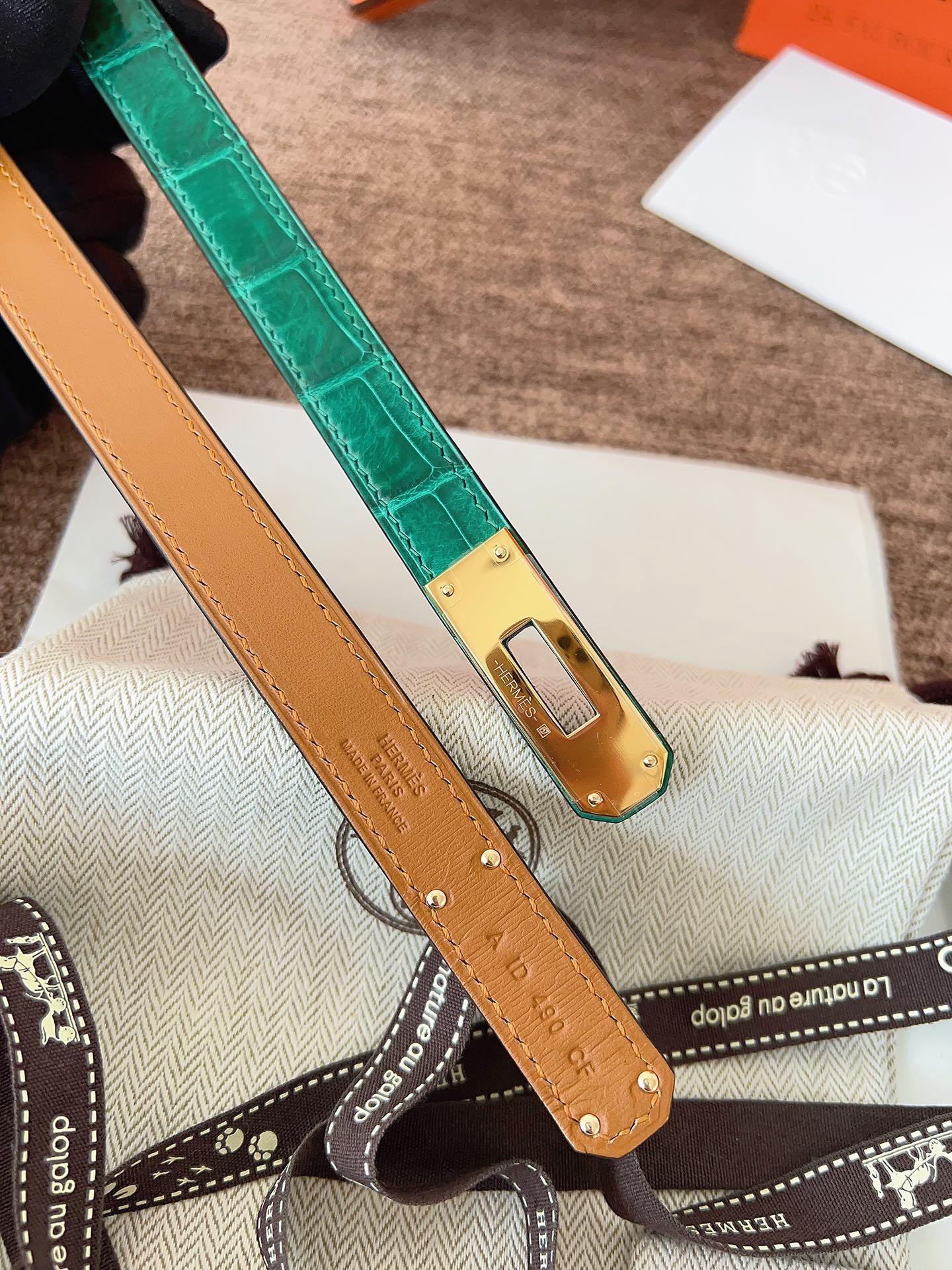 Hermès Kelly Belt in Green Alligator Leather with Gold Hardware