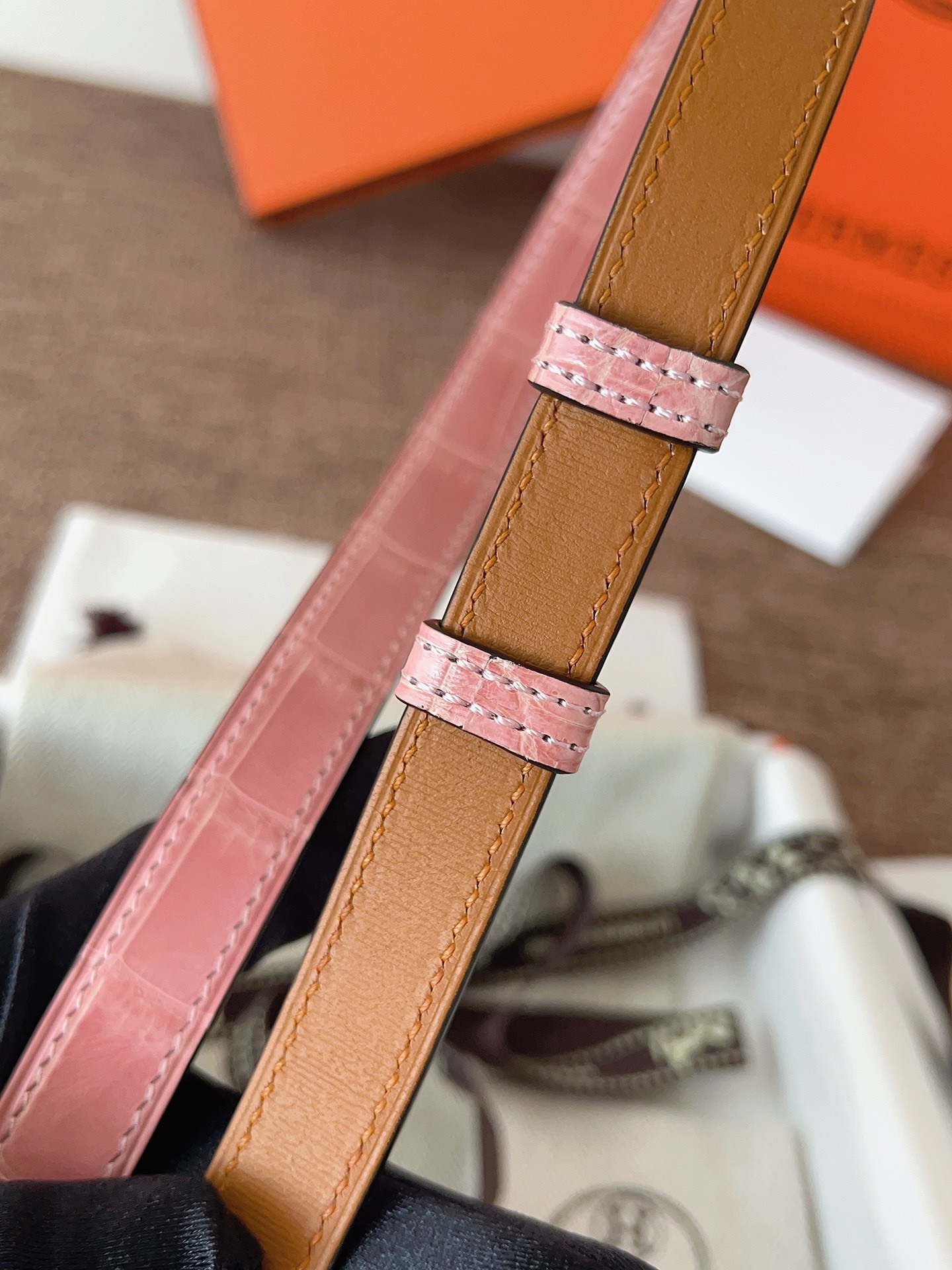 Hermès Kelly Belt Pink Alligator Leather with Silver Hardware