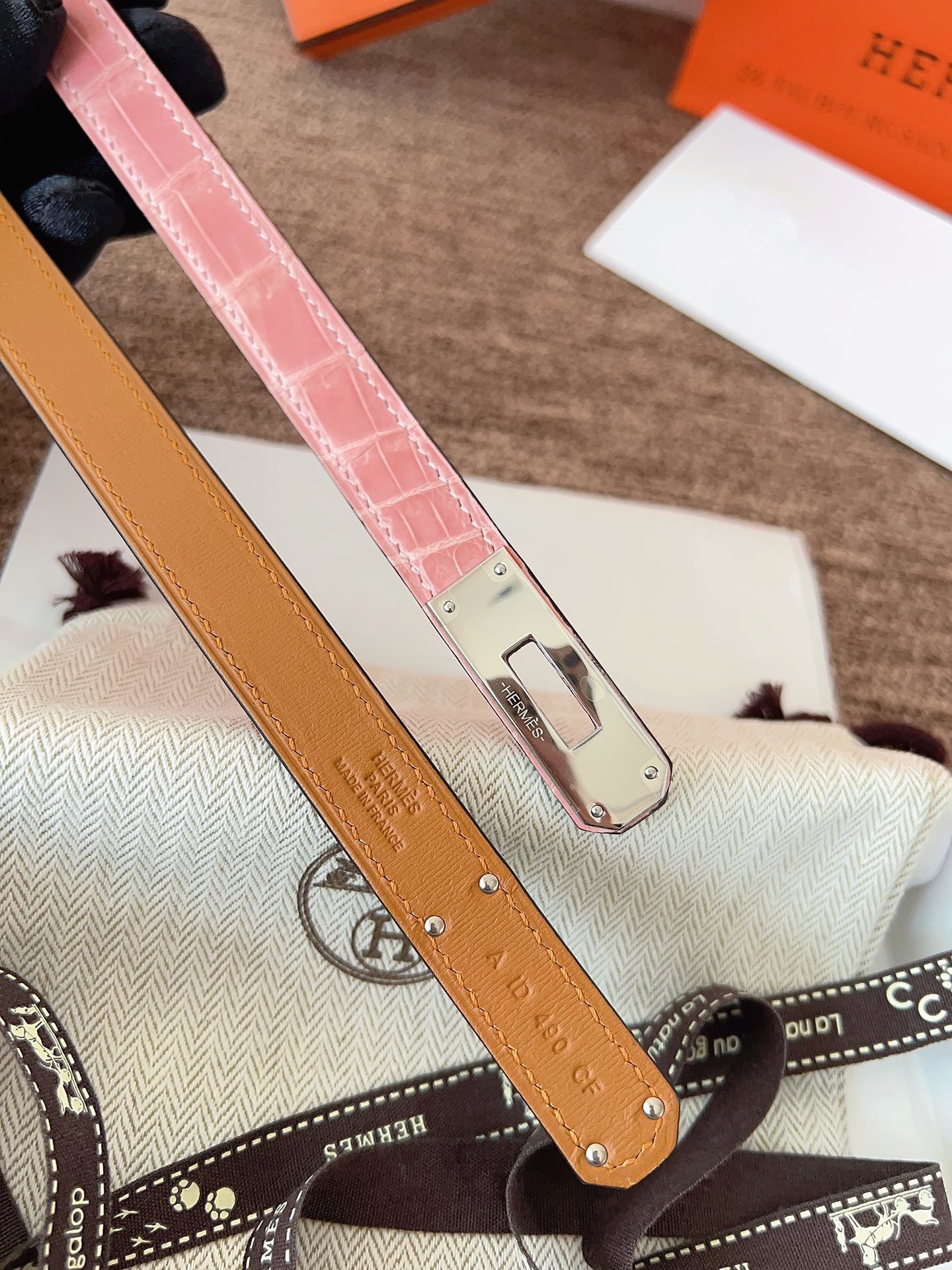 Hermès Kelly Belt Pink Alligator Leather with Silver Hardware