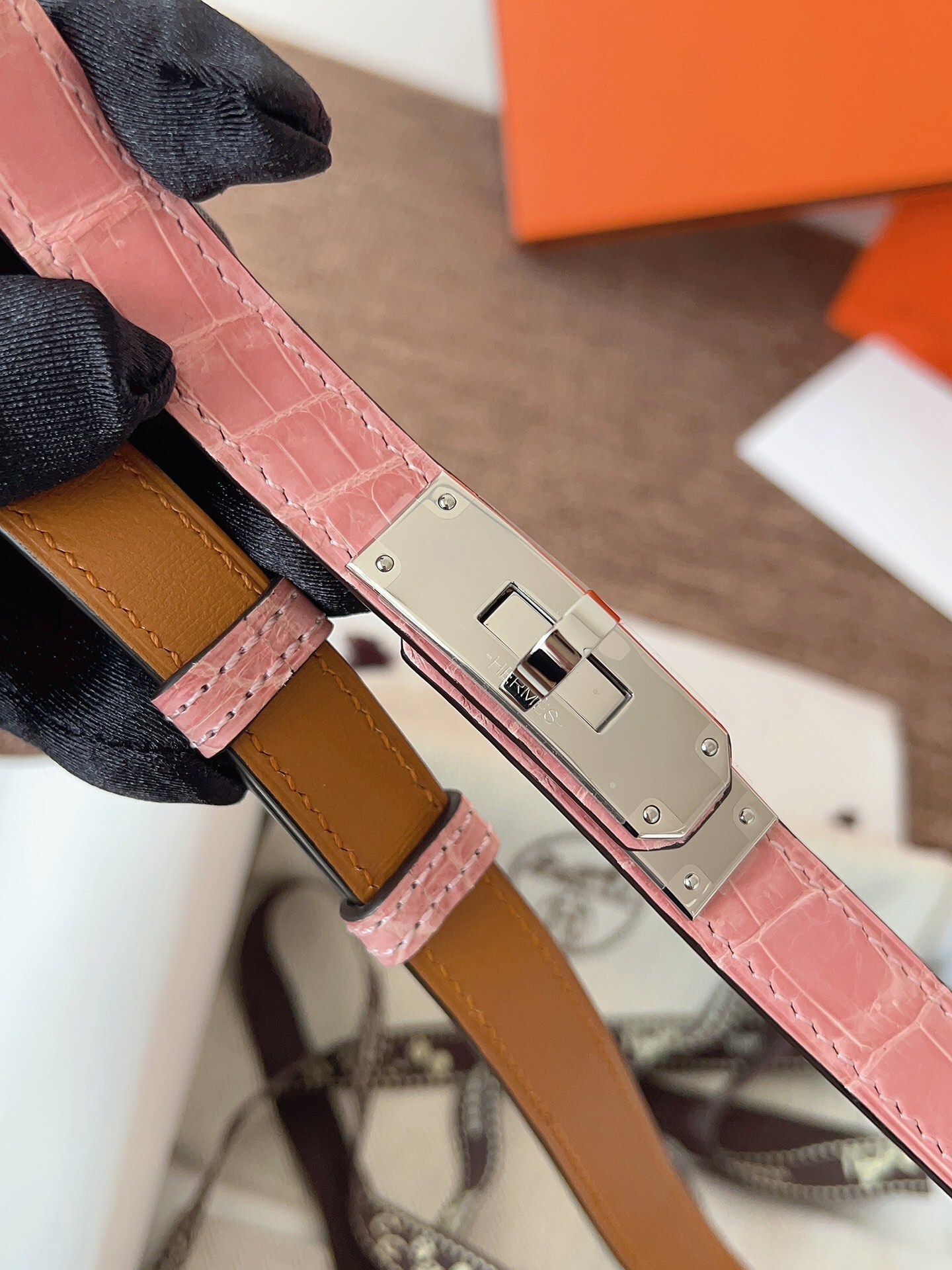 Hermès Kelly Belt Pink Alligator Leather with Silver Hardware