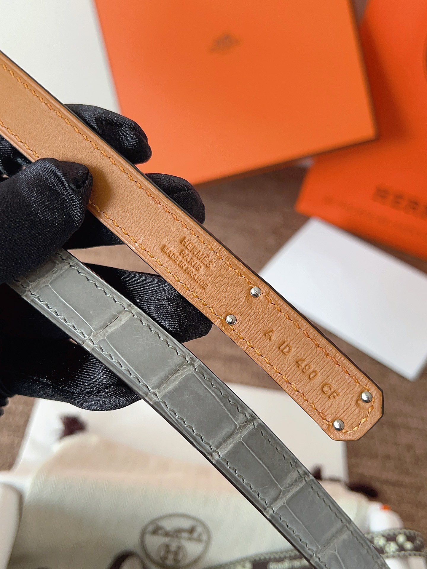 Luxury Grey Alligator Leather Kelly Belt with Silver Hardware