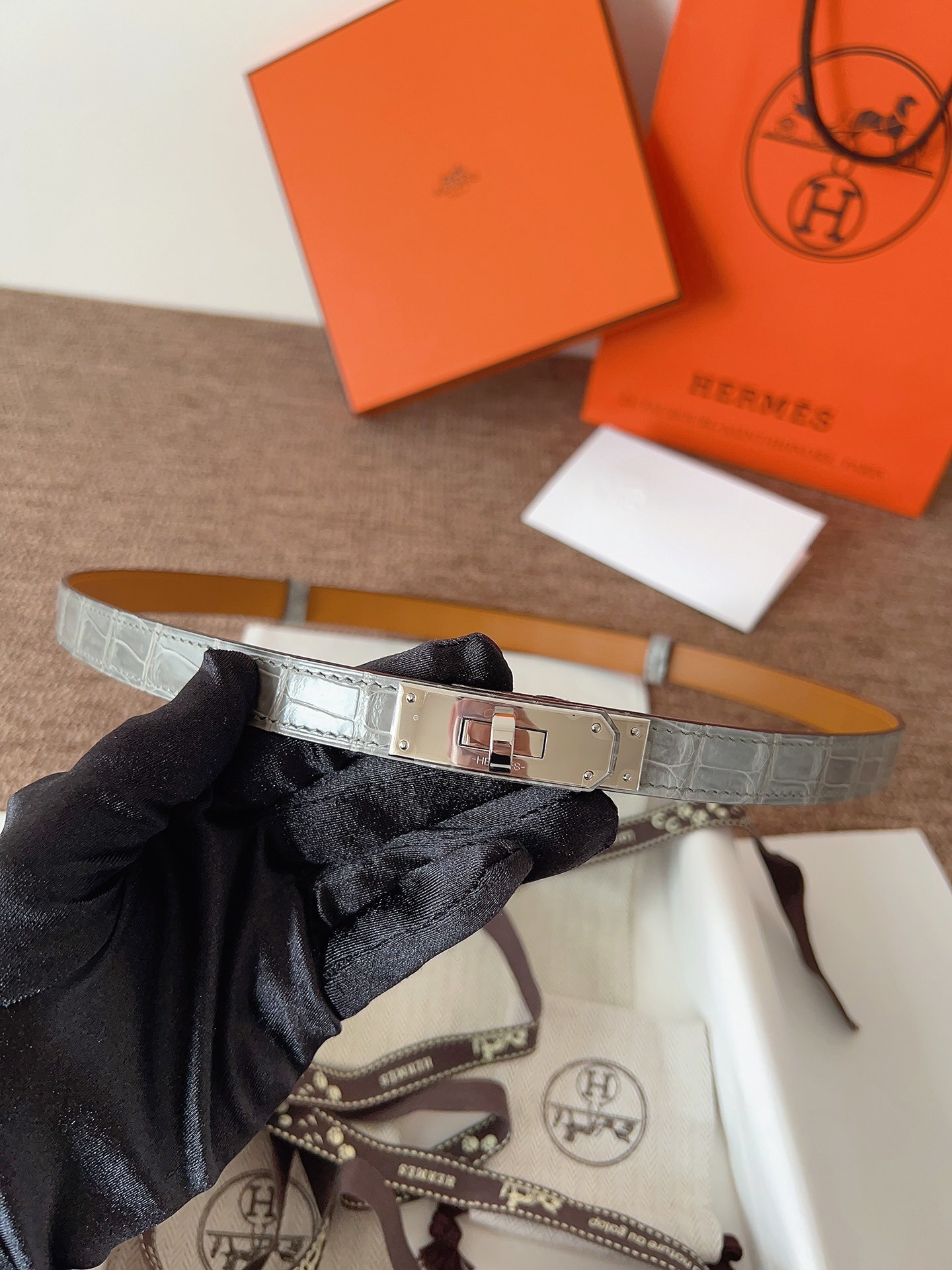 Luxury Grey Alligator Leather Kelly Belt with Silver Hardware