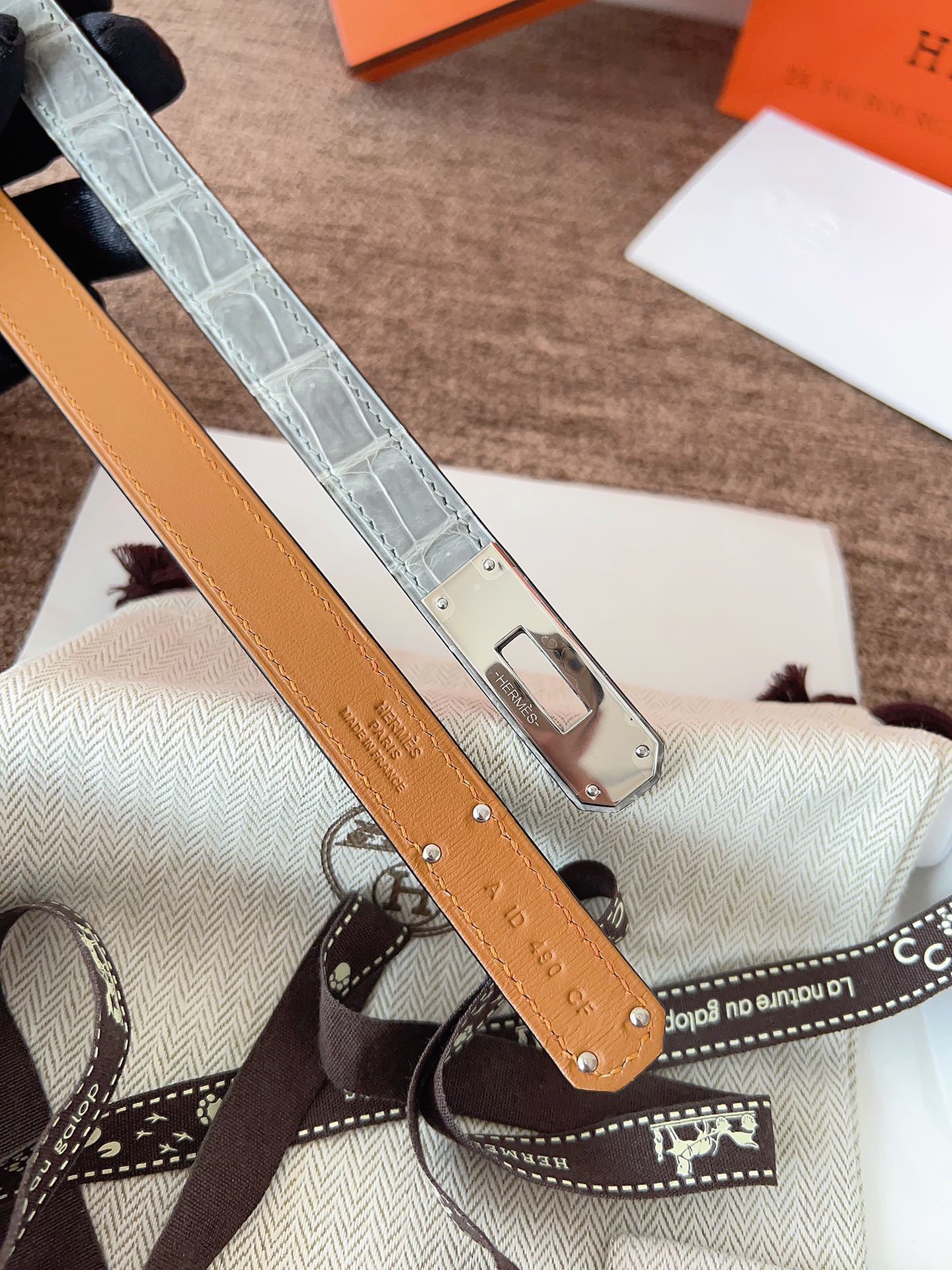 Luxury Grey Alligator Leather Kelly Belt with Silver Hardware