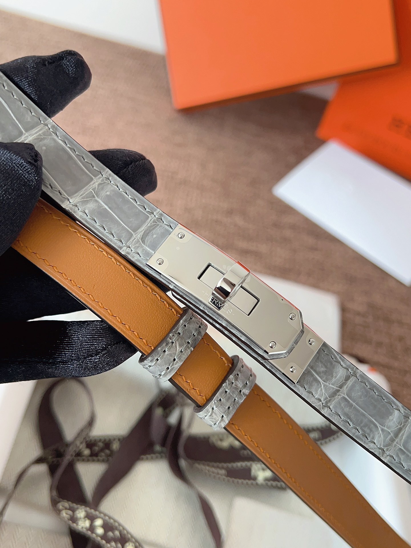 Luxury Grey Alligator Leather Kelly Belt with Silver Hardware