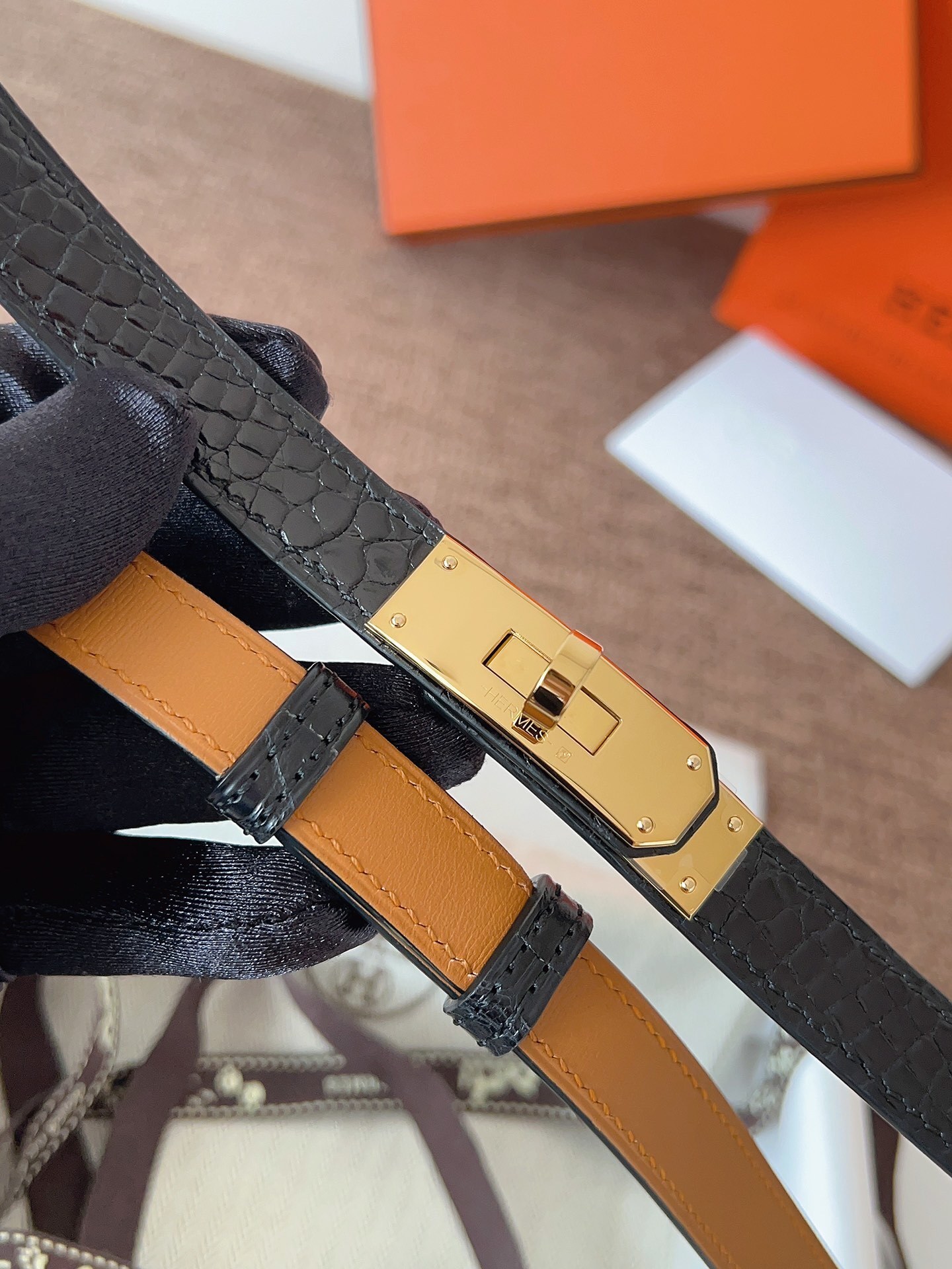 Hermes Kelly Belt Black Alligator Leather with Gold Hardware