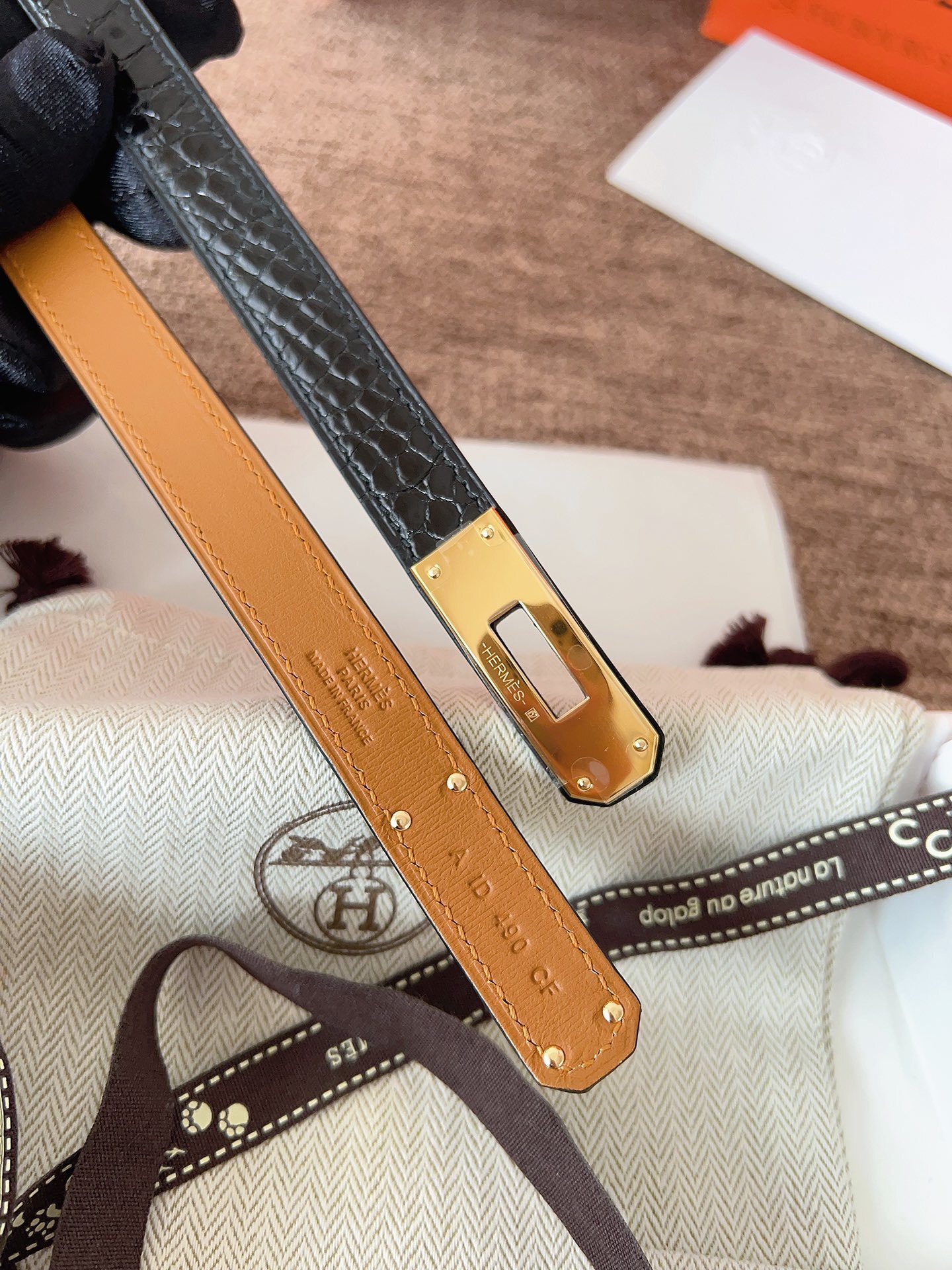 Hermes Kelly Belt Black Alligator Leather with Gold Hardware