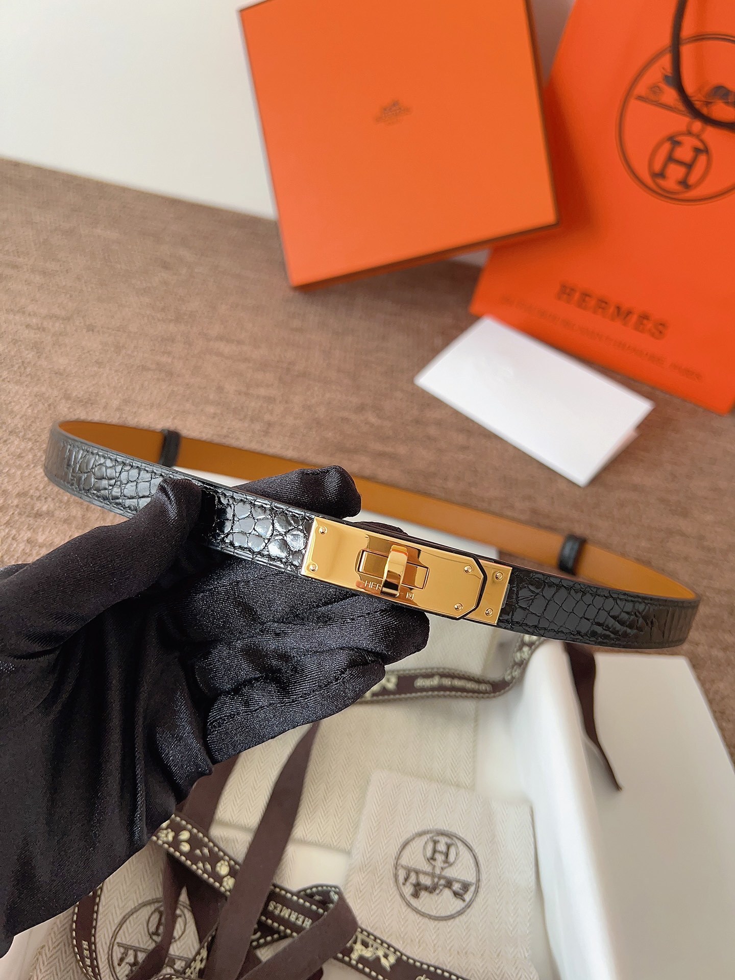 Hermes Kelly Belt Black Alligator Leather with Gold Hardware