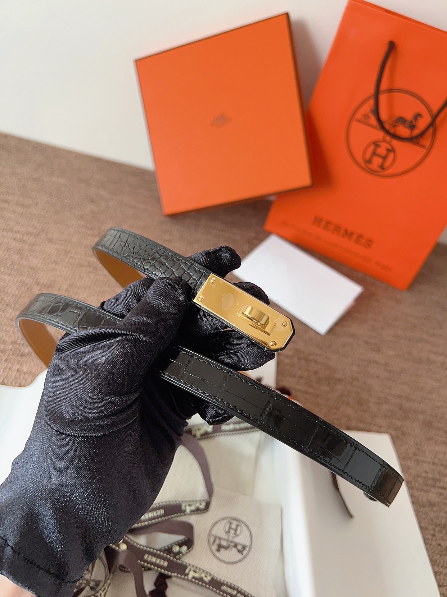 Hermes Kelly Belt Black Alligator Leather with Gold Hardware