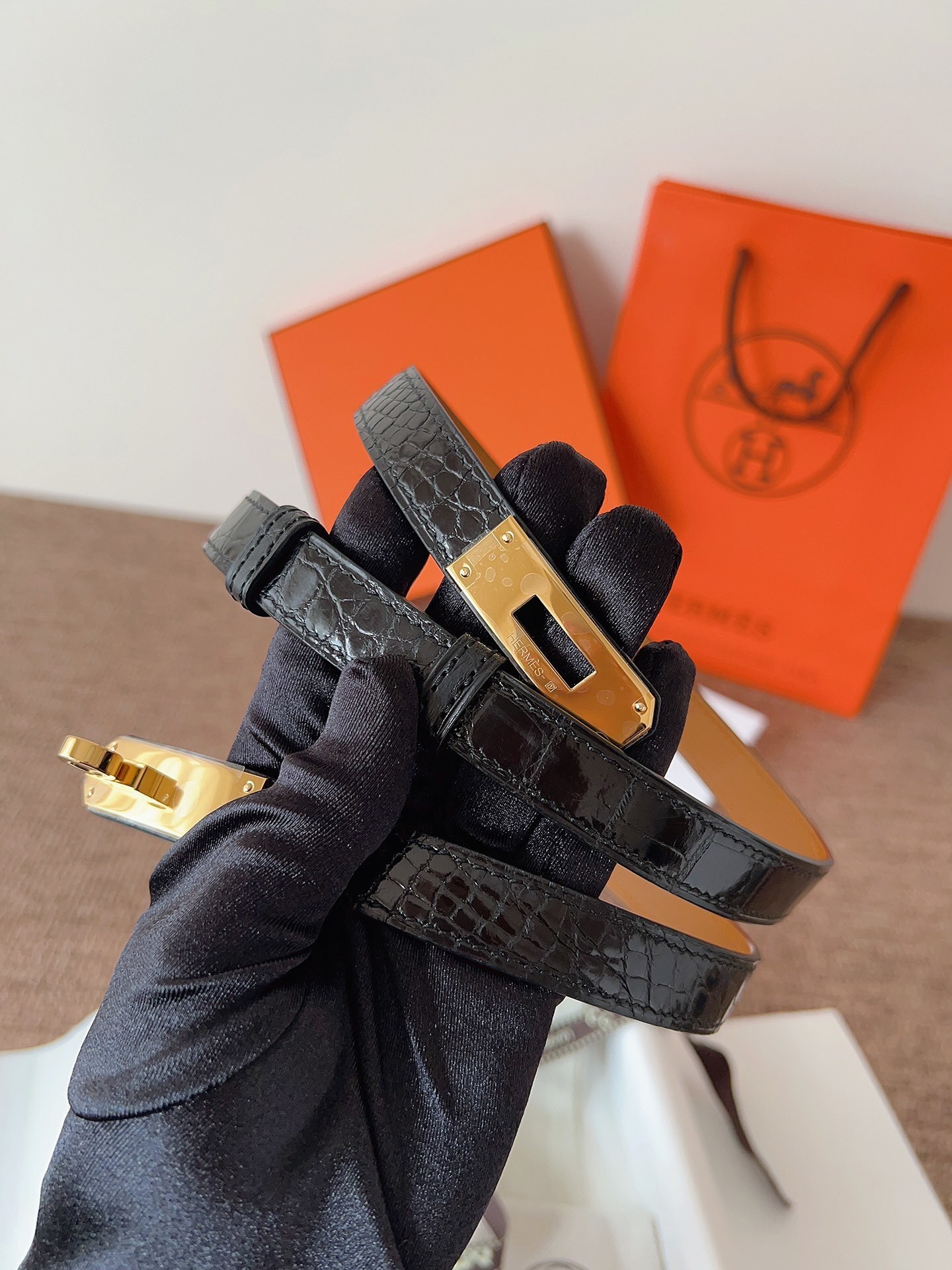 Hermes Kelly Belt Black Alligator Leather with Gold Hardware