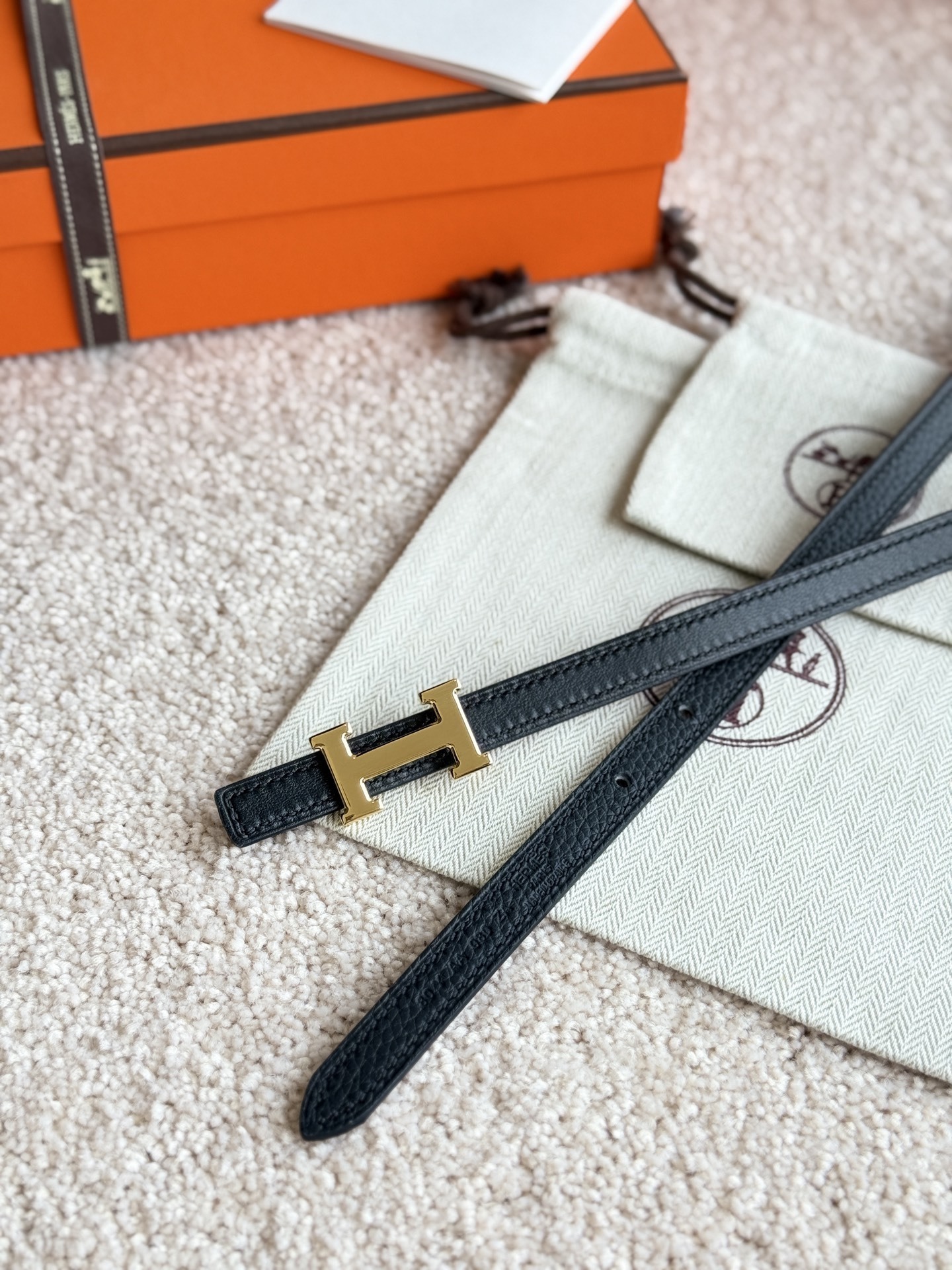 Luxury Hermès Slim Black Leather Belt with Silver H Buckle