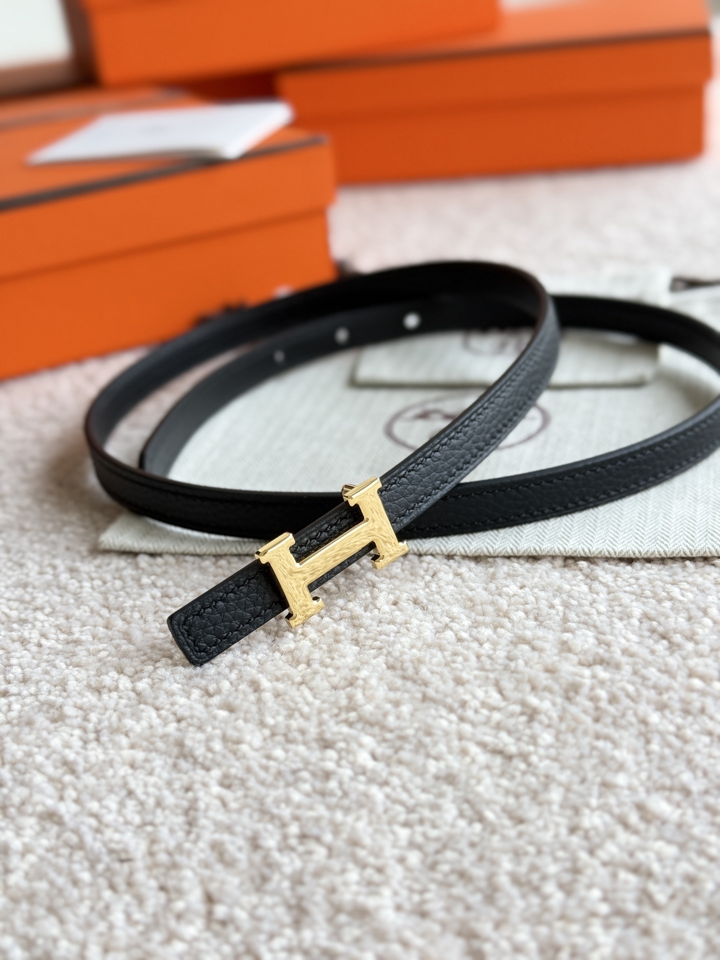 Luxury Hermès Slim Black Leather Belt with Silver H Buckle