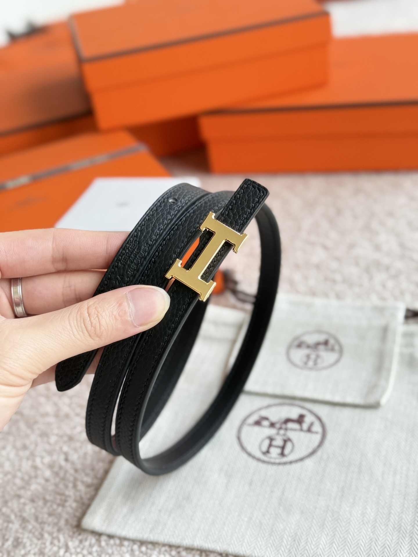 Luxury Hermès Slim Black Leather Belt with Silver H Buckle