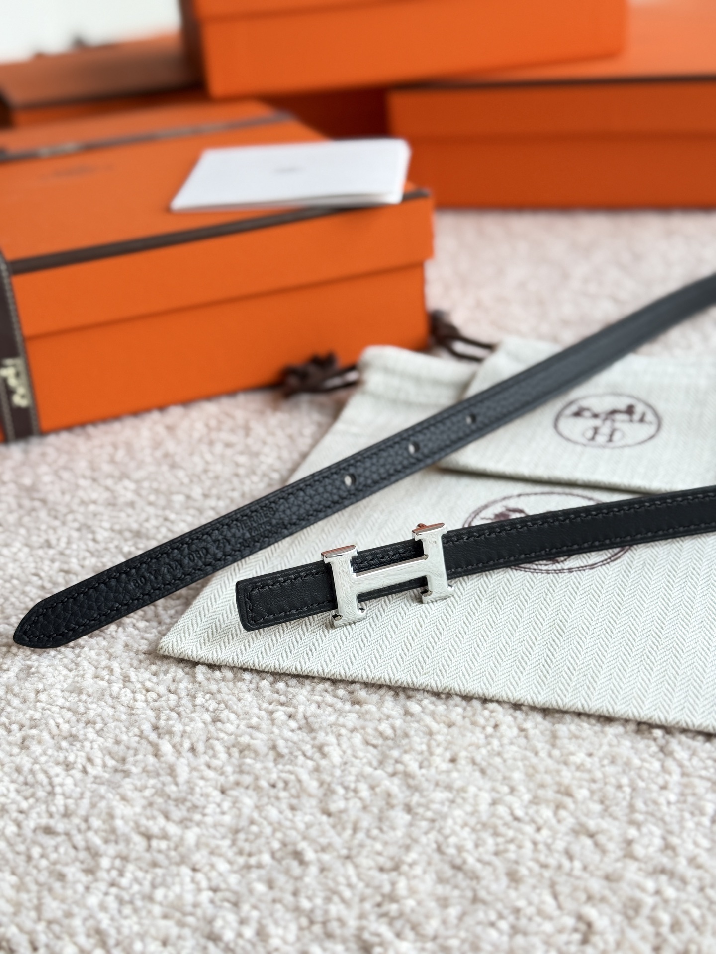 Luxury Hermès Slim Black Leather Belt with Silver H Buckle