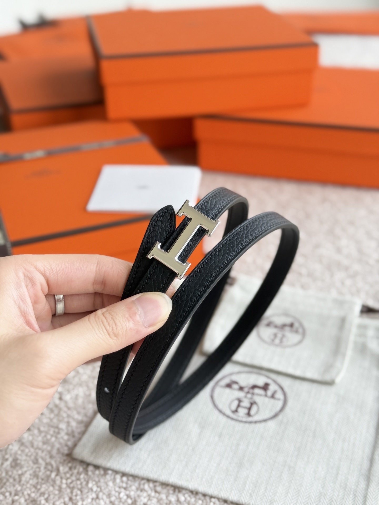 Luxury Hermès Slim Black Leather Belt with Silver H Buckle