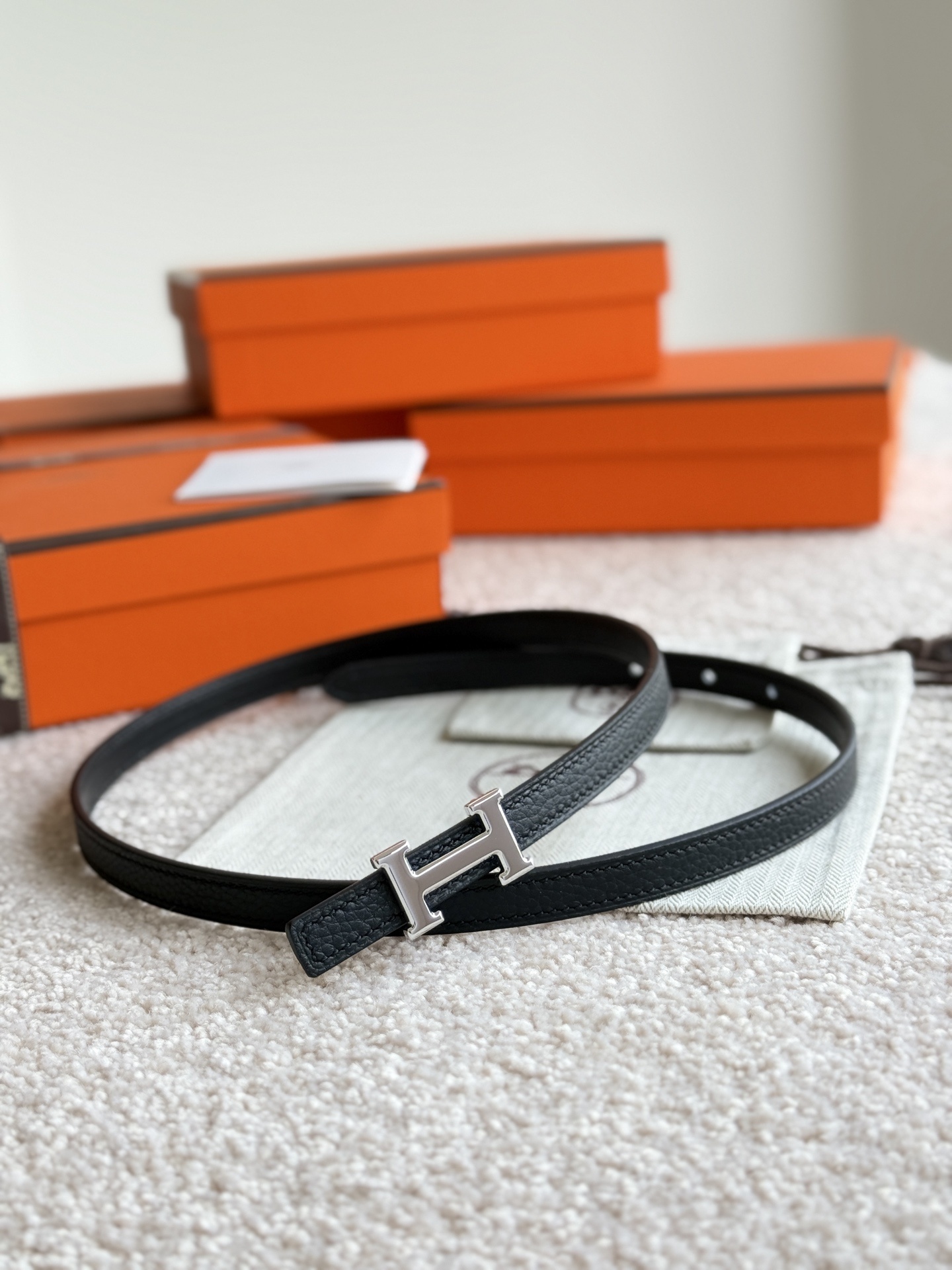 Luxury Hermès Slim Black Leather Belt with Silver H Buckle