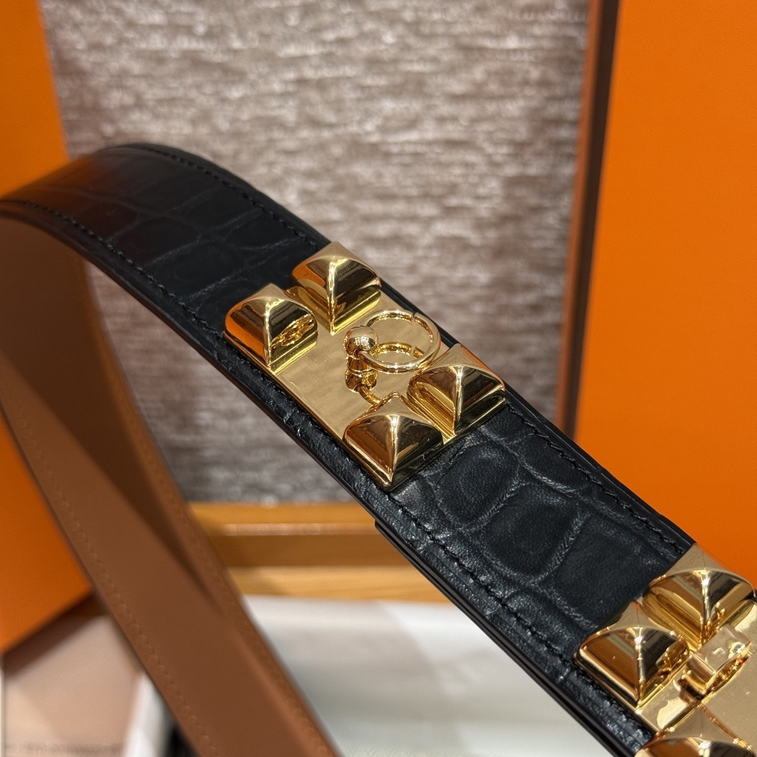 Hermes Collier de Chien Belt Black Exotic Leather Gold Hardware