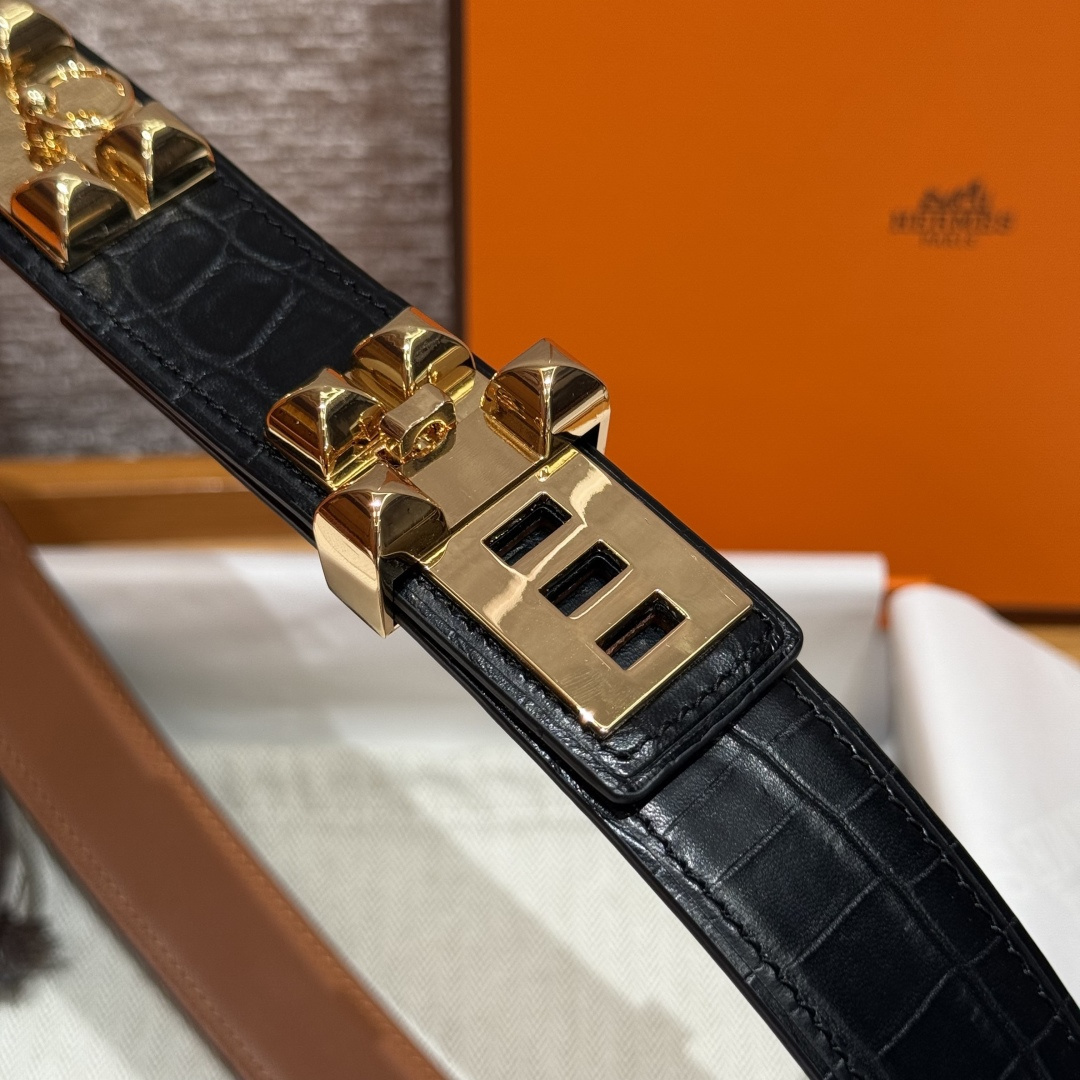 Hermes Collier de Chien Belt Black Exotic Leather Gold Hardware