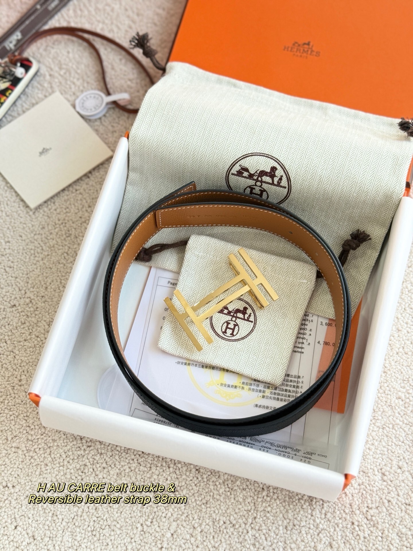 Hermès H Au Carre 38mm Reversible Leather Belt with Gold Buckle