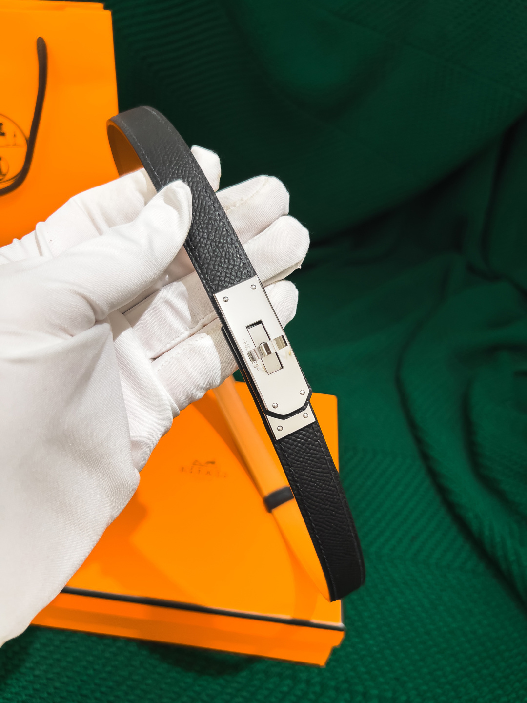 Hermes Kelly Belt - Black Leather with Silver Palladium Buckle