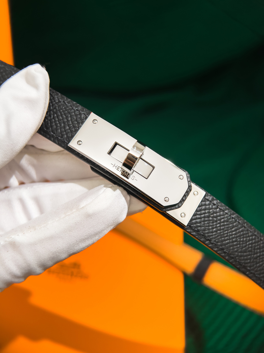 Hermes Kelly Belt - Black Leather with Silver Palladium Buckle