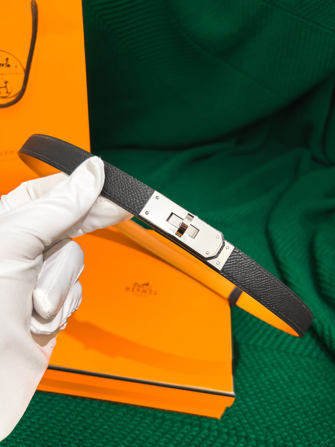 Hermes Kelly Belt – Black Leather with Silver Palladium Buckle