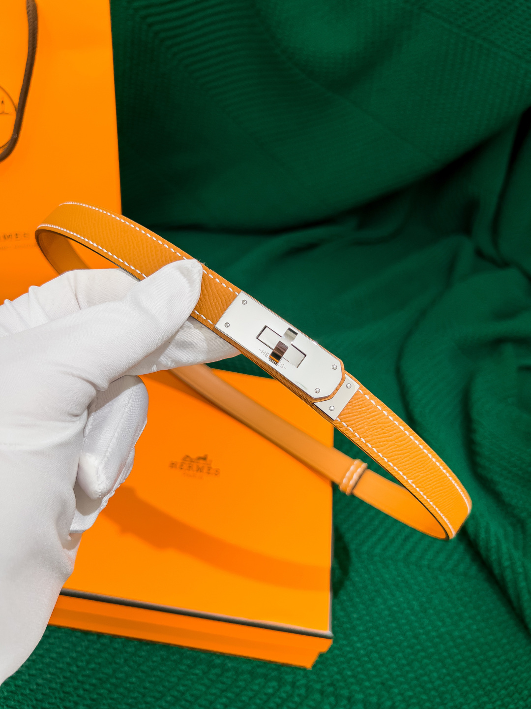 Hermès Kelly Belt in Orange Epsom Leather with Palladium Hardware