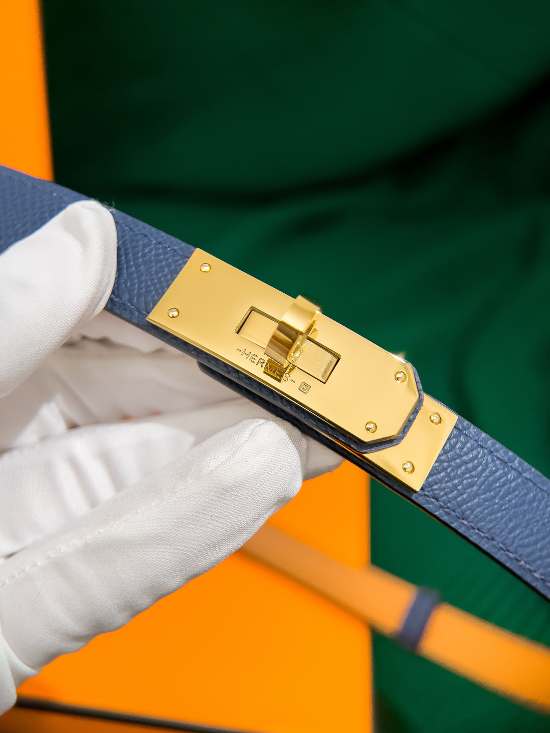 Hermès Kelly Belt Blue Epsom Leather with Gold Hardware