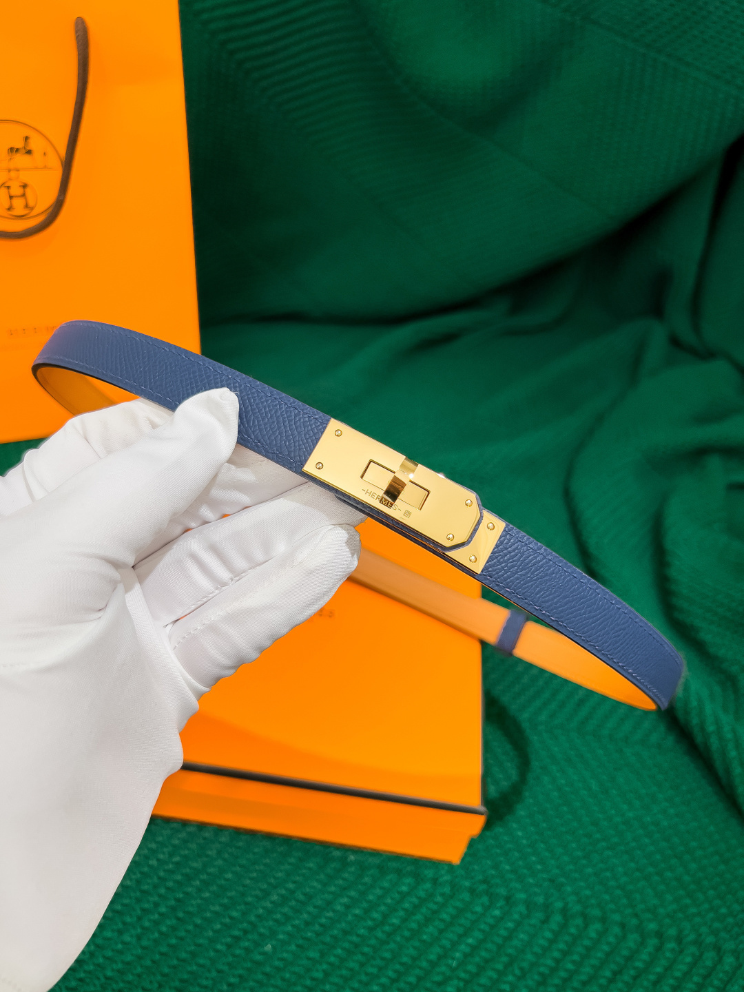 Hermès Kelly Belt Blue Epsom Leather with Gold Hardware