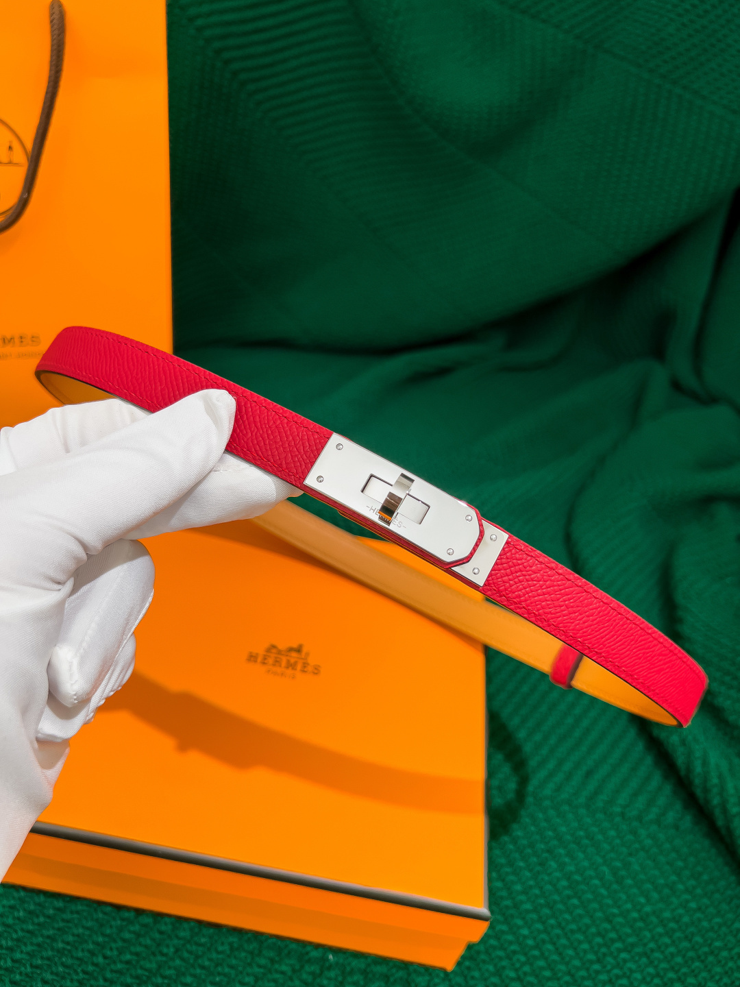 Hermes Kelly 18 Belt in Red Epsom Leather with Palladium Hardware