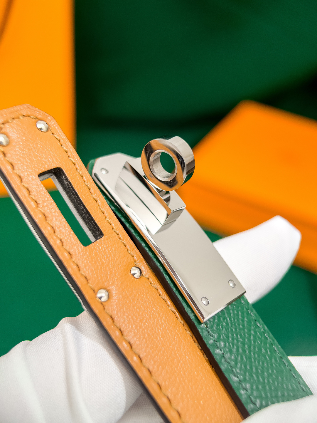 Hermes Kelly Belt Green Epsom Leather with Palladium Hardware