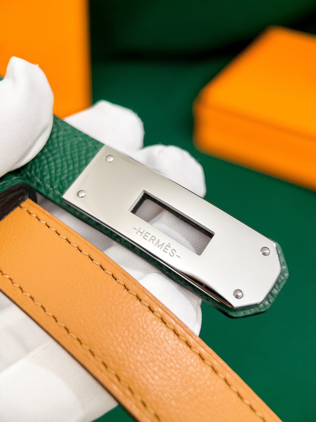 Hermes Kelly Belt Green Epsom Leather with Palladium Hardware