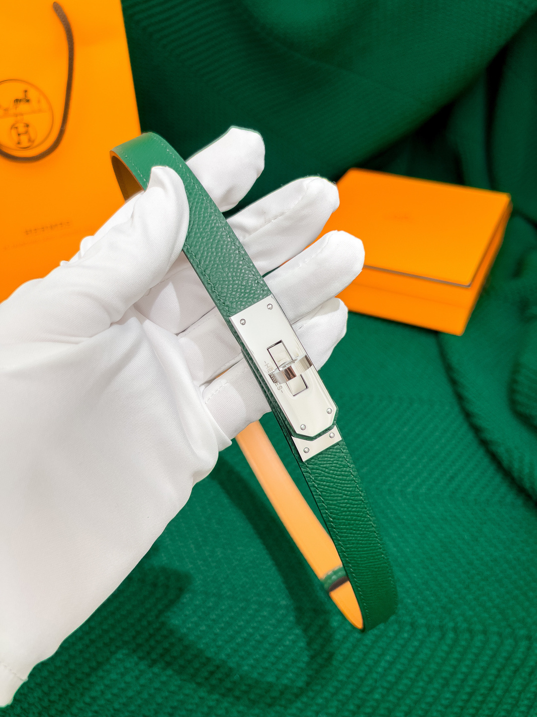 Hermes Kelly Belt Green Epsom Leather with Palladium Hardware