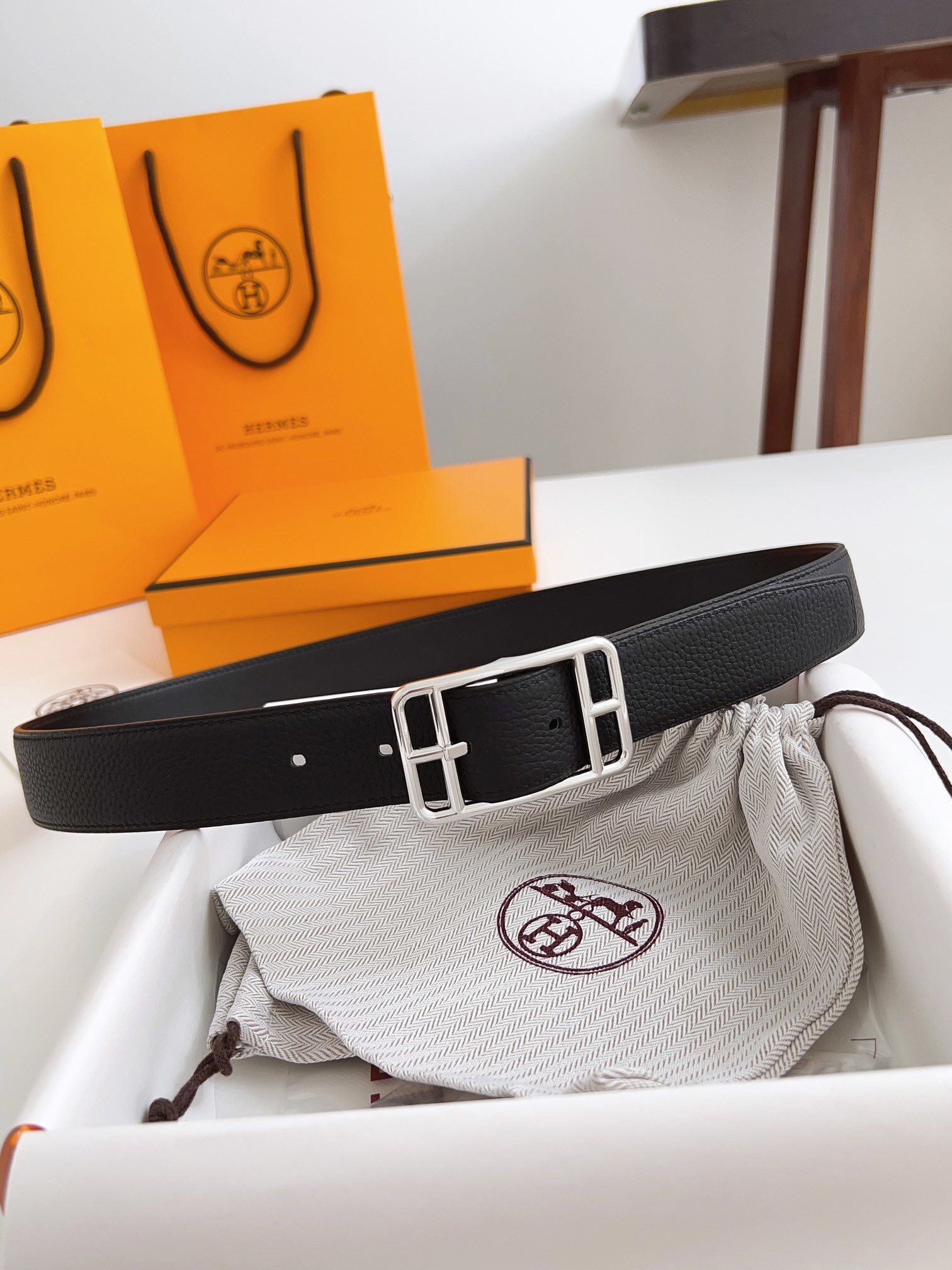 Hermes Men's Black Grainy Leather Belt with Silver Buckle