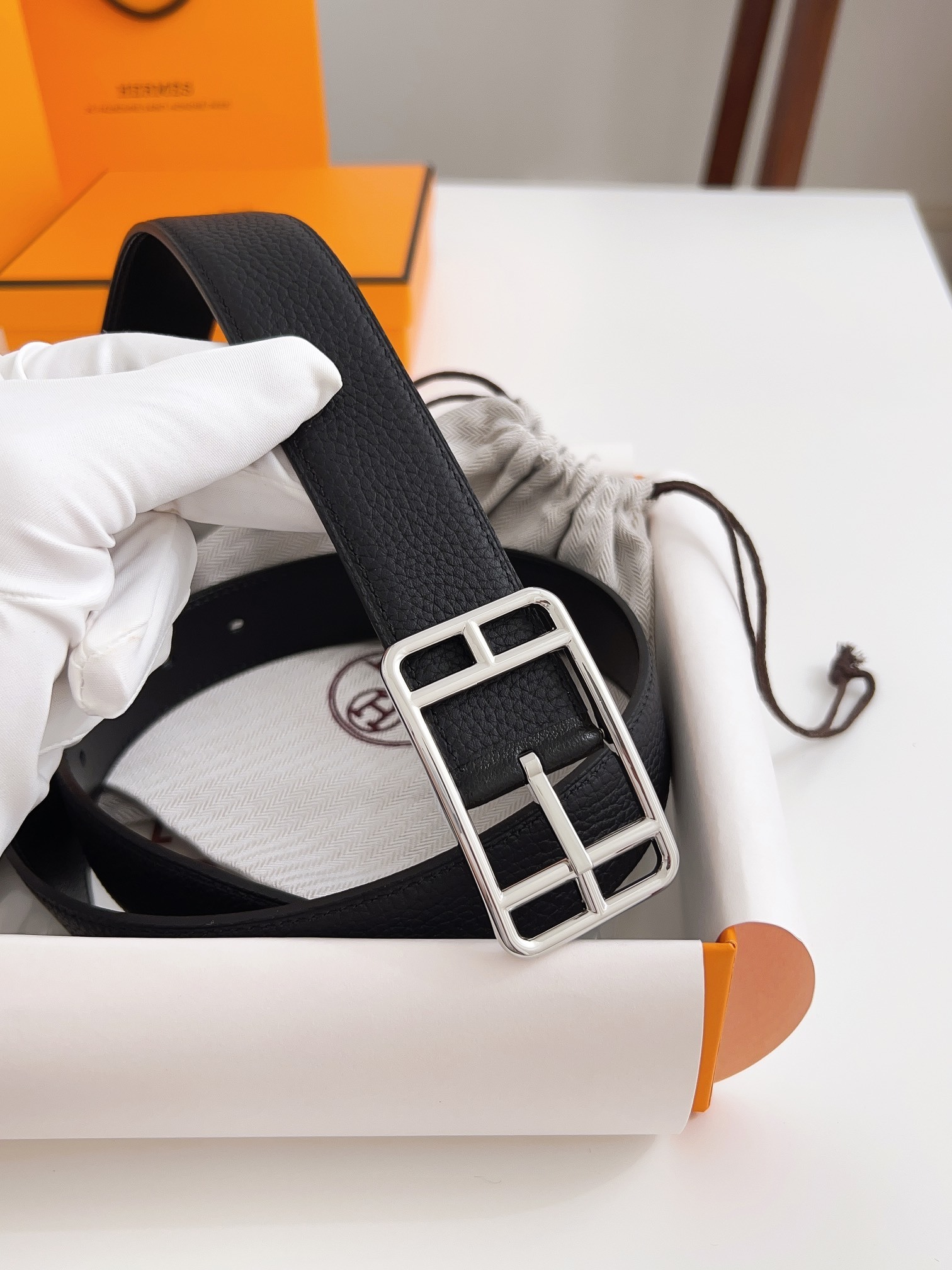 Hermes Men's Black Grainy Leather Belt with Silver Buckle