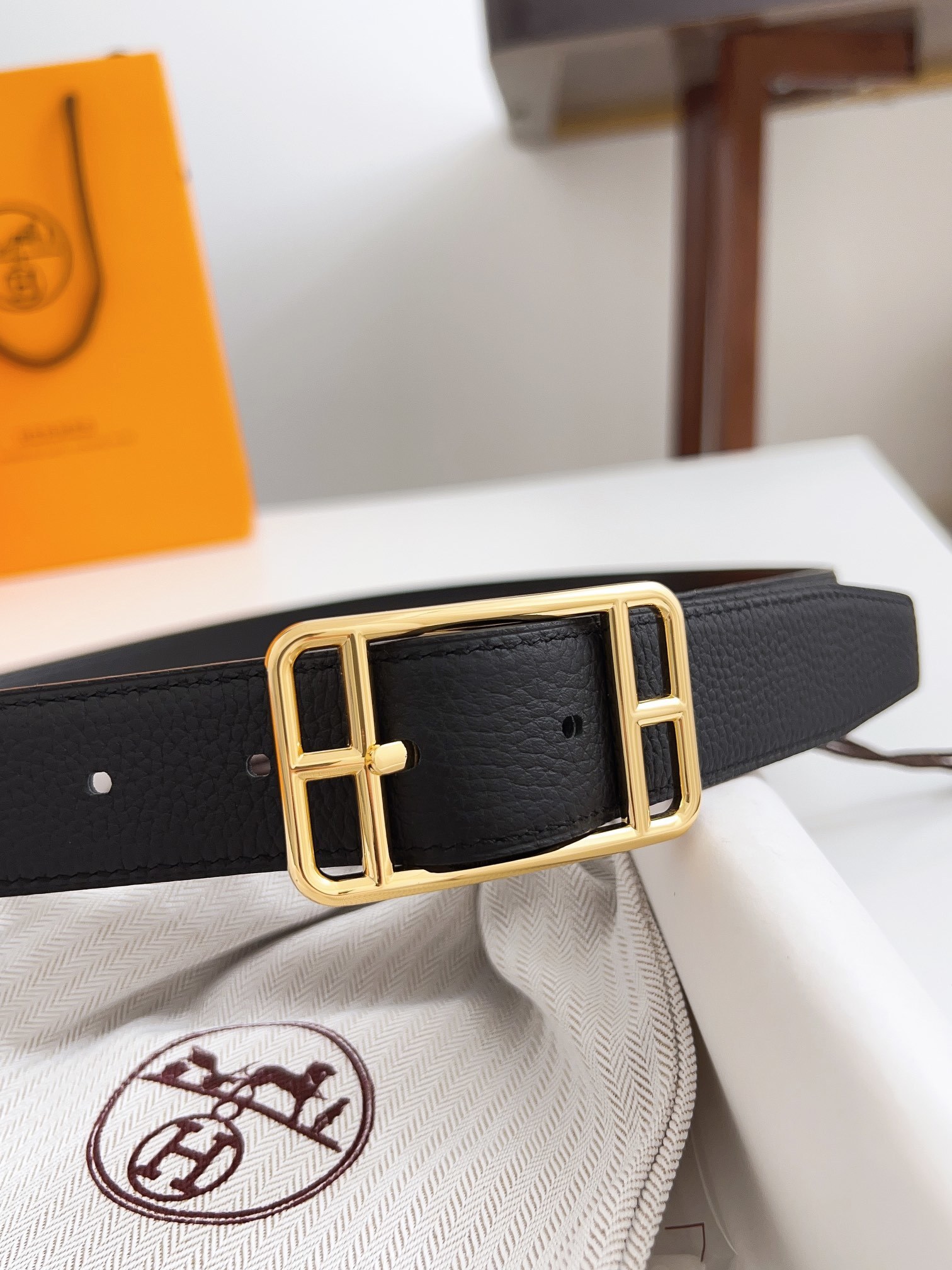 Hermes Men's Black Togo Leather Belt with Gold-Tone Buckle