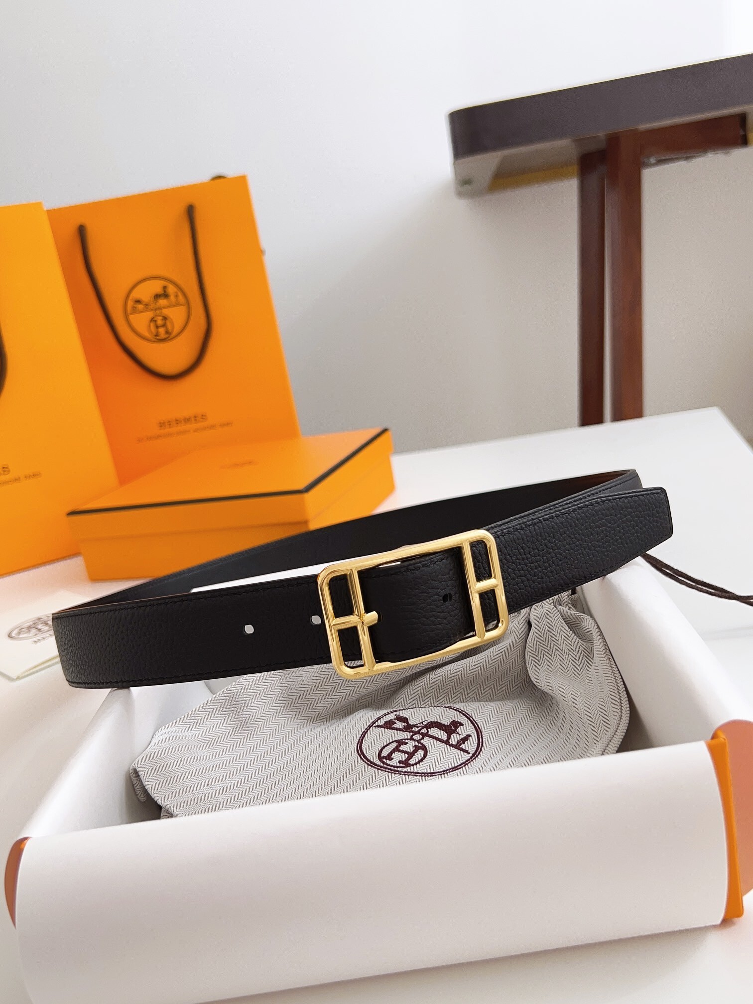 Hermes Men's Black Togo Leather Belt with Gold-Tone Buckle