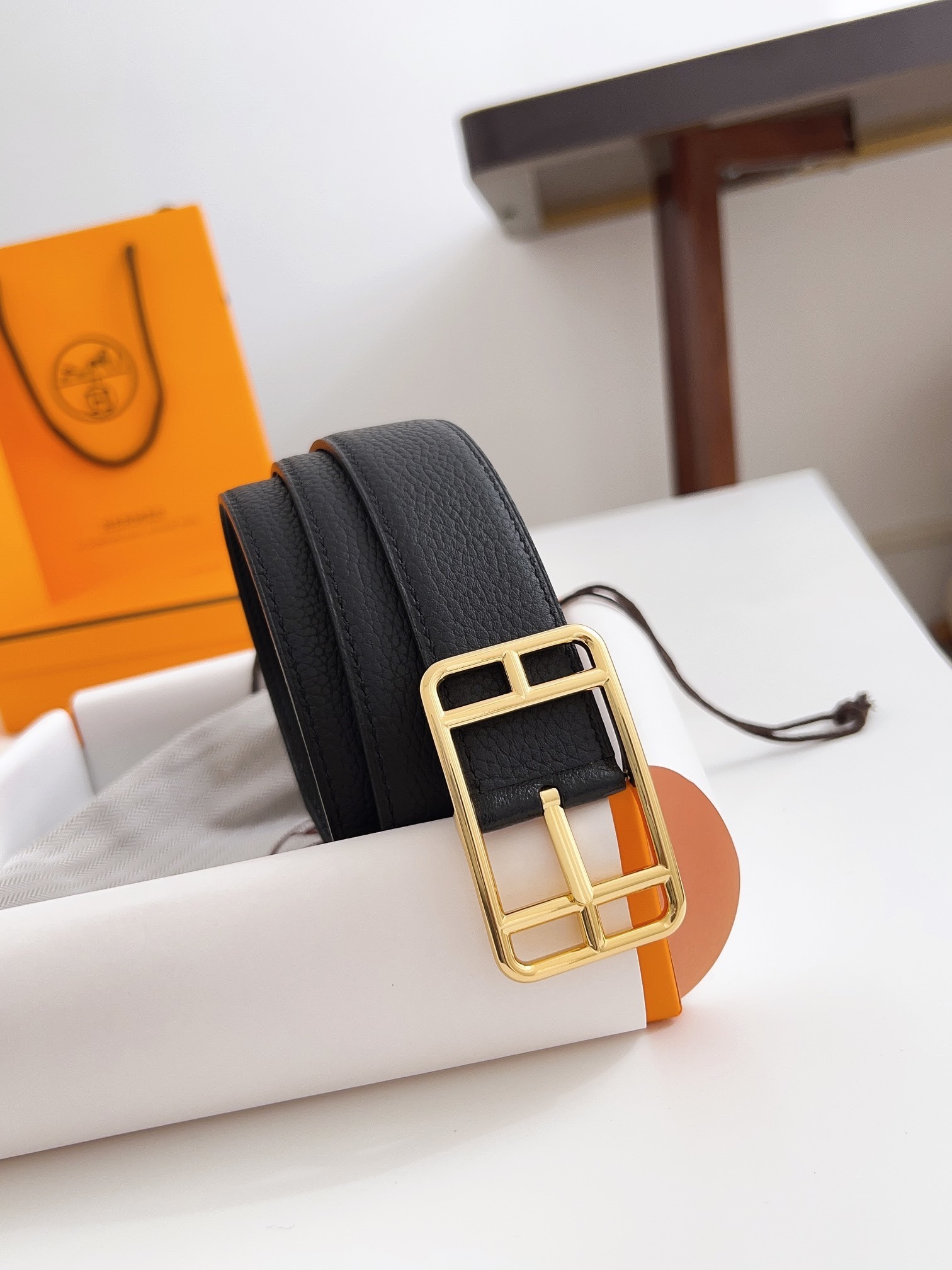Hermes Men's Black Togo Leather Belt with Gold-Tone Buckle