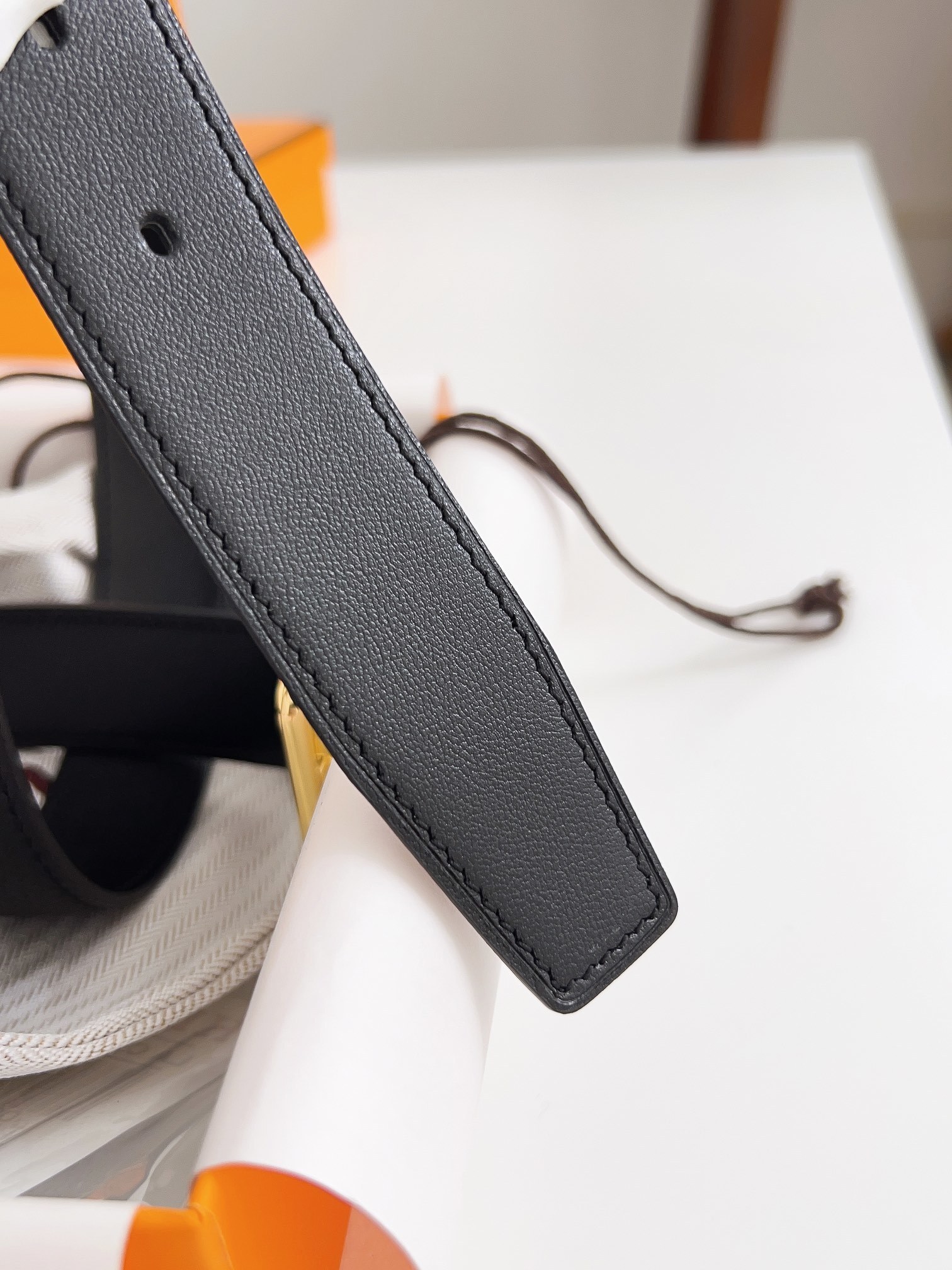 Hermes Men's Black Togo Leather Belt with Gold-Tone Buckle