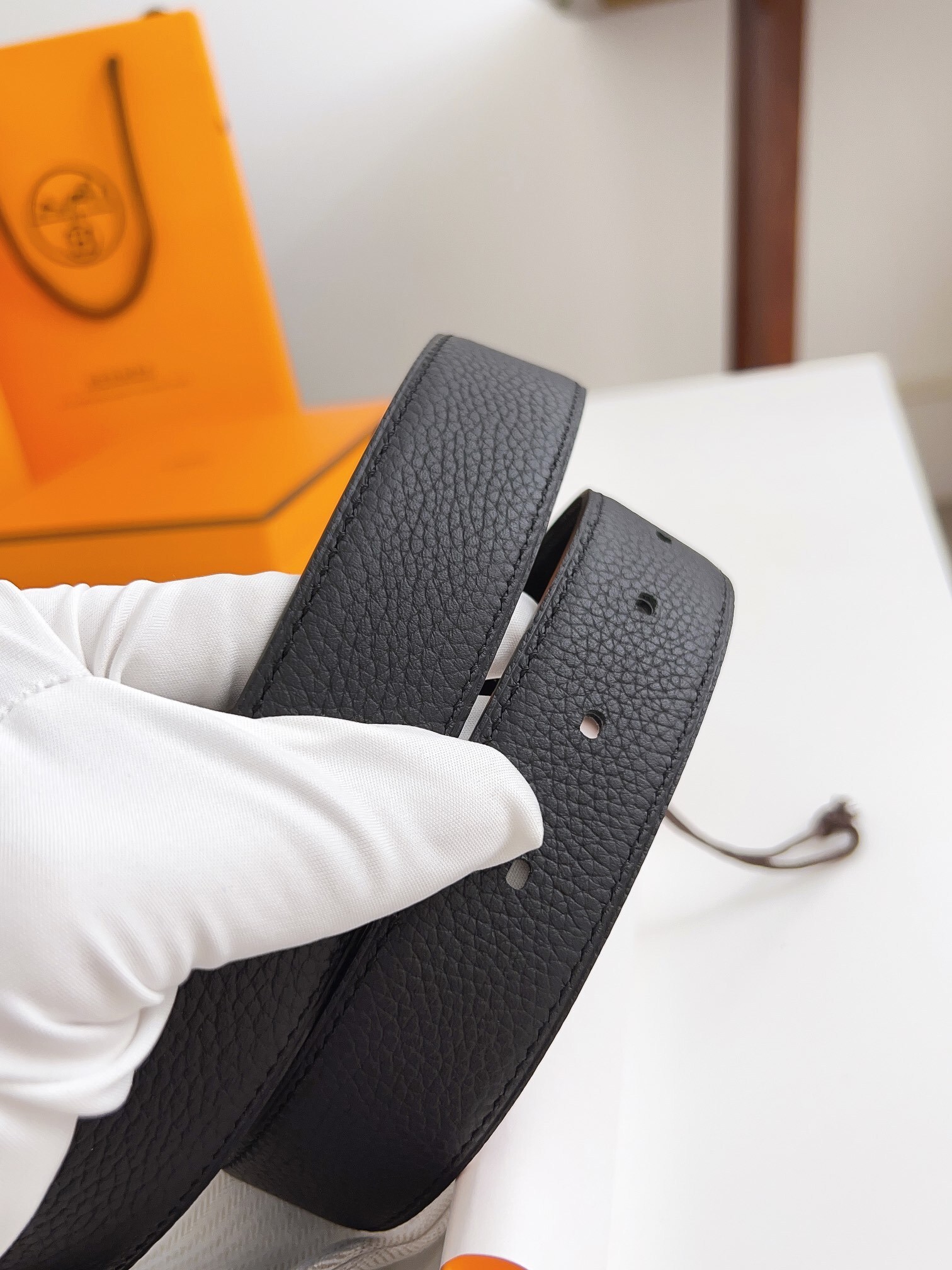 Hermes Men's Black Togo Leather Belt with Gold-Tone Buckle