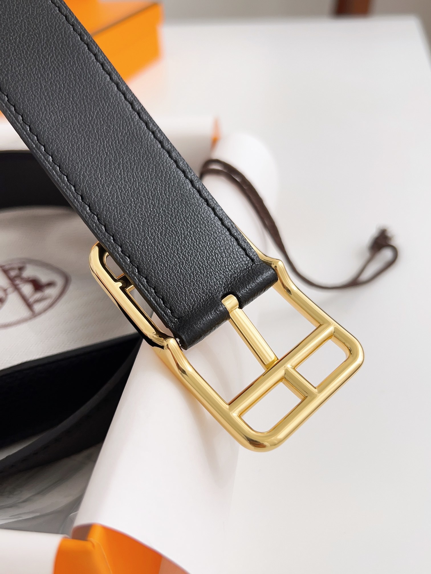 Hermes Men's Black Togo Leather Belt with Gold-Tone Buckle