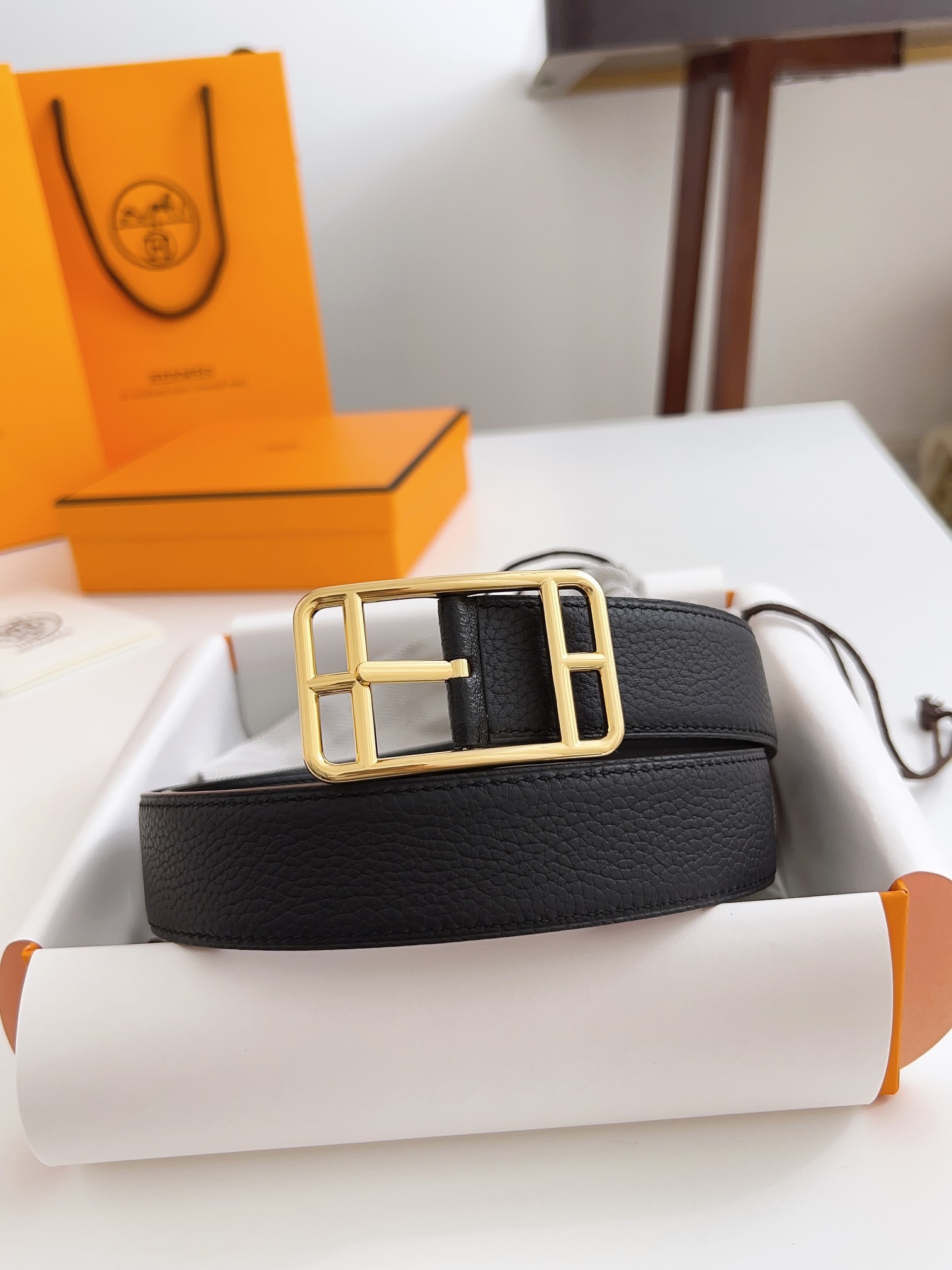 Hermes Men’s Black Togo Leather Belt with Gold-Tone Buckle