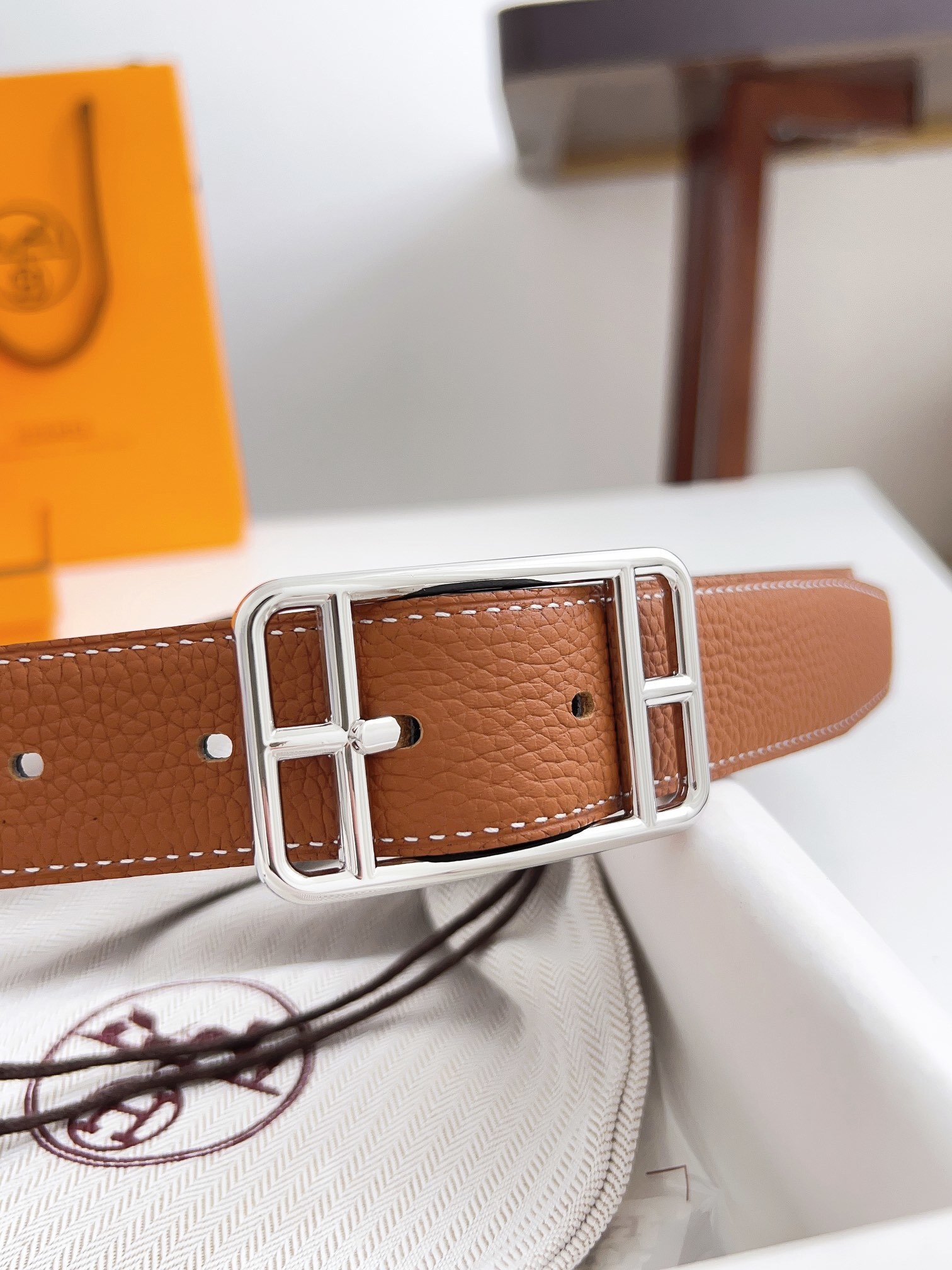 Luxury Designer Tan Leather Belt with Elegant Silver Buckle