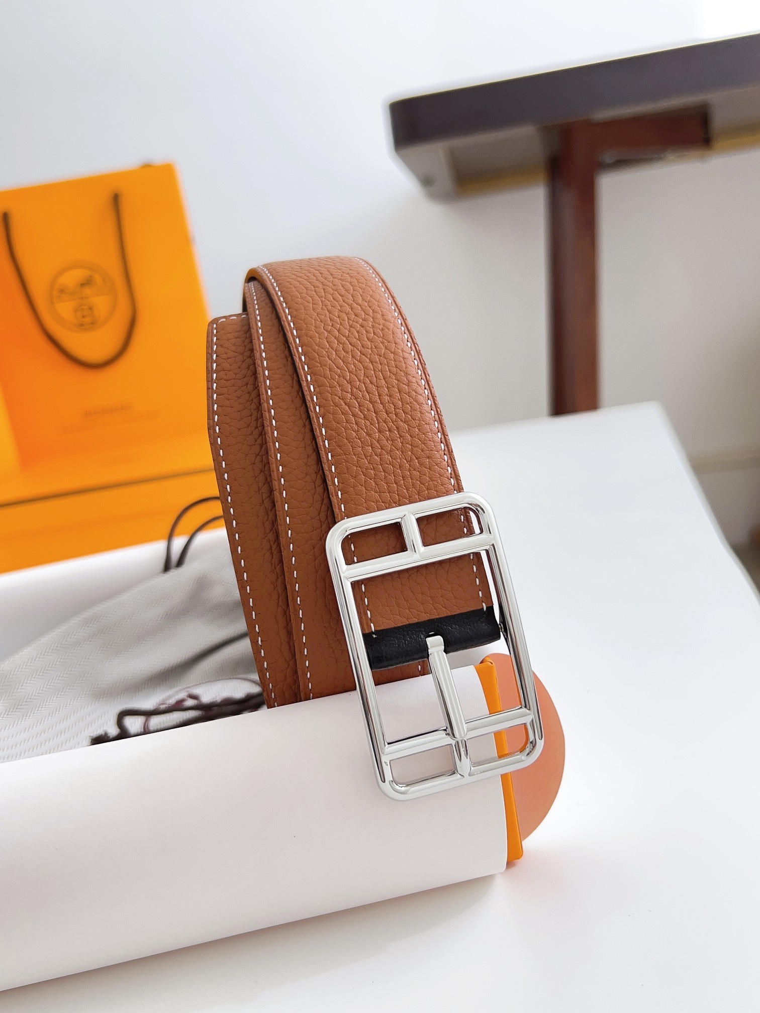 Luxury Designer Tan Leather Belt with Elegant Silver Buckle