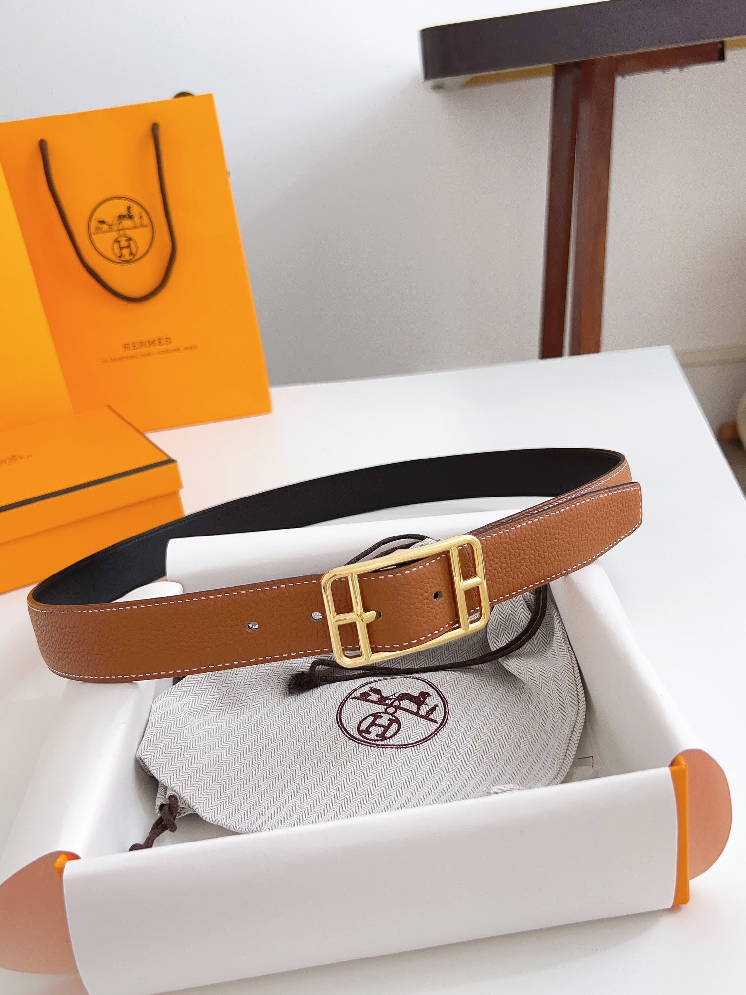 Luxury Brown Leather Belt with Gold Buckle - Premium Accessory